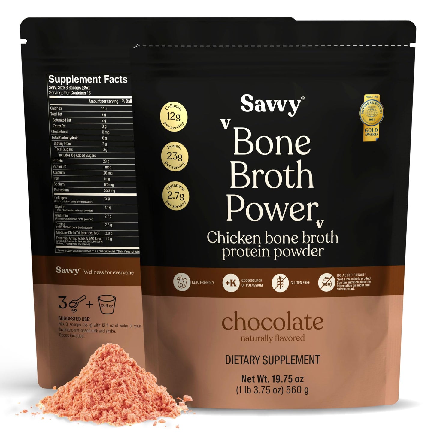 SAVVY Bone Broth Power Chocolate Protein Powder, 560g (16 Servings)
