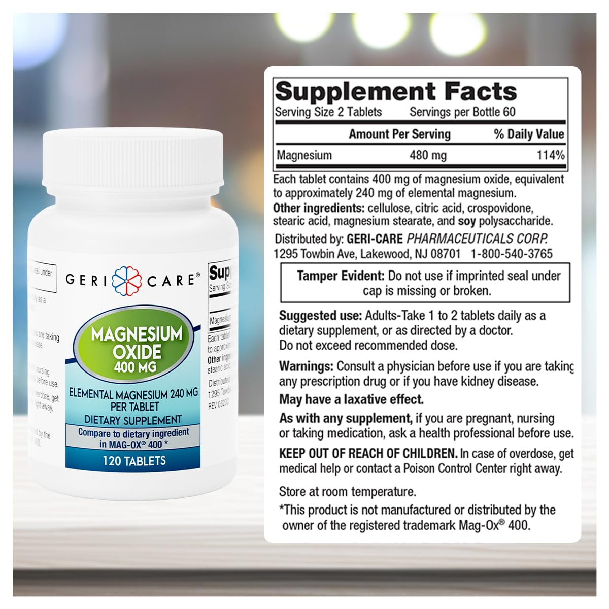 GeriCare Magnesium Oxide Supplement 240 mg Elemental Magnesium Tablet, 120 Count