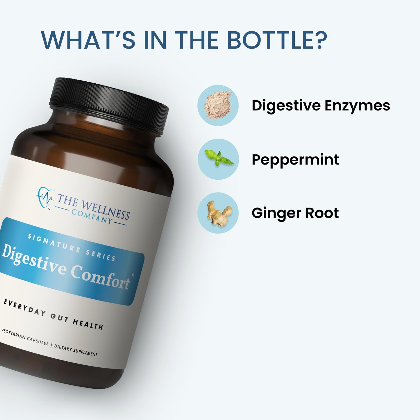 The Wellness Company Digestive Comfort - Bloat & Gas Relief, Anti-Heart Burn, IBS, Fast Acting, Gut Health - 5 Enzymes, Peppermint & Ginger Root Capsule 60 Count