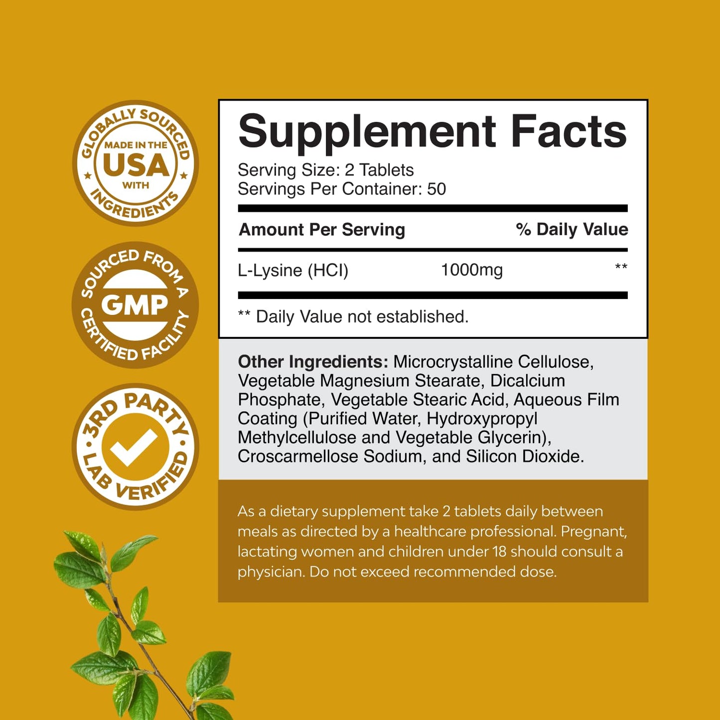 Natures Craft L-Lysine Free Form 1000mg per Serving Tablet 100 Count