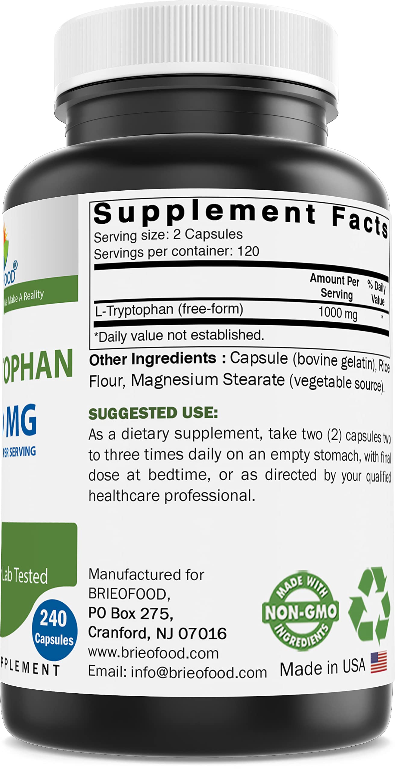Brieofood L-Tryptophan 1000mg Capsule, 240 Count