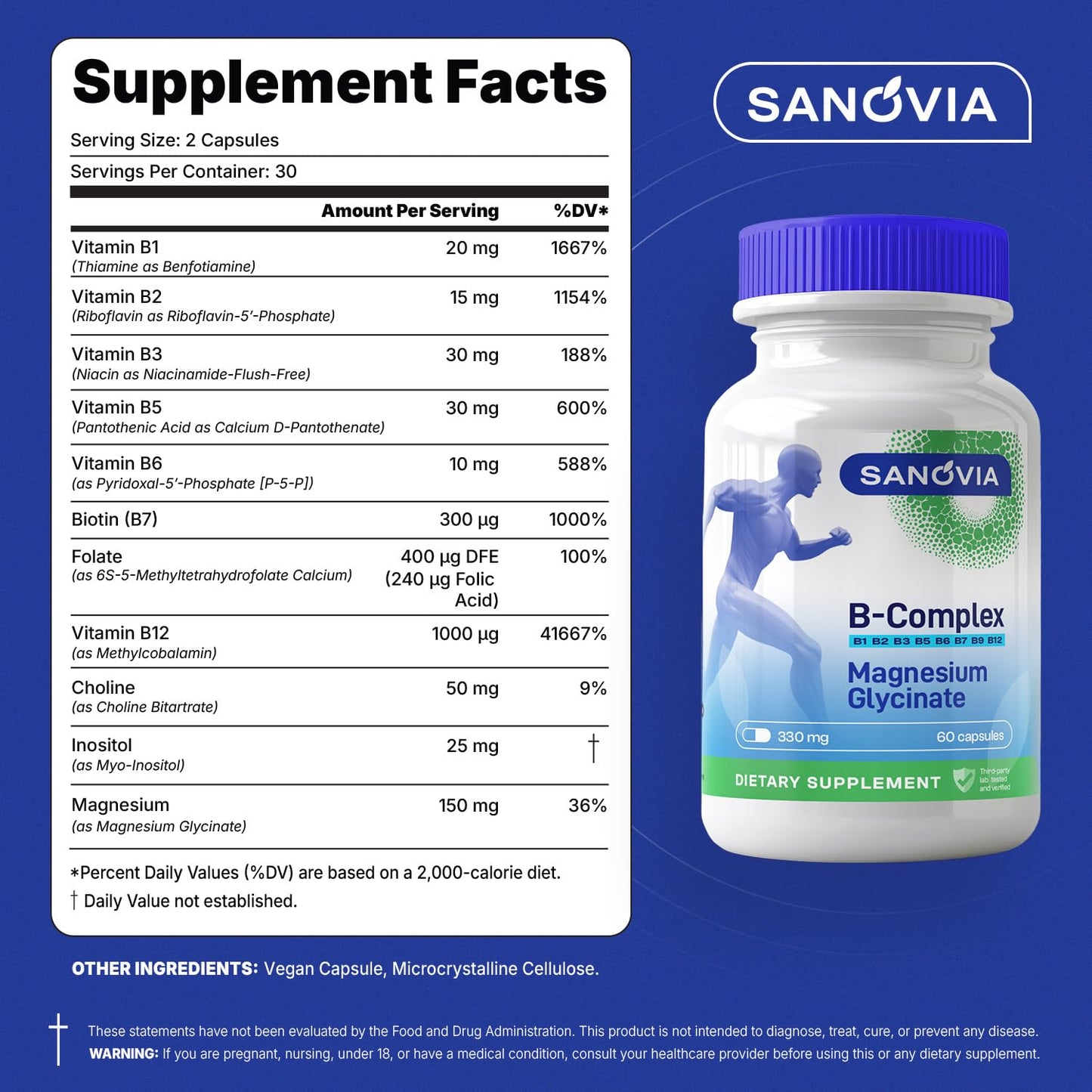 SANOVIA Vitamin B Complex Methylated with Magnesium Glycinate Capsules, 90 Count