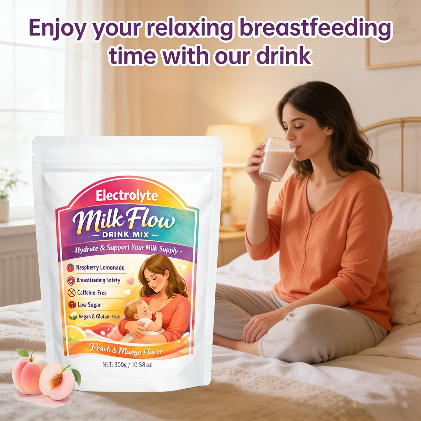 Roreiye Electrolyte Milk Powder Raspberry Peach Flavor for Breastfeeding Moms, 10.58 oz