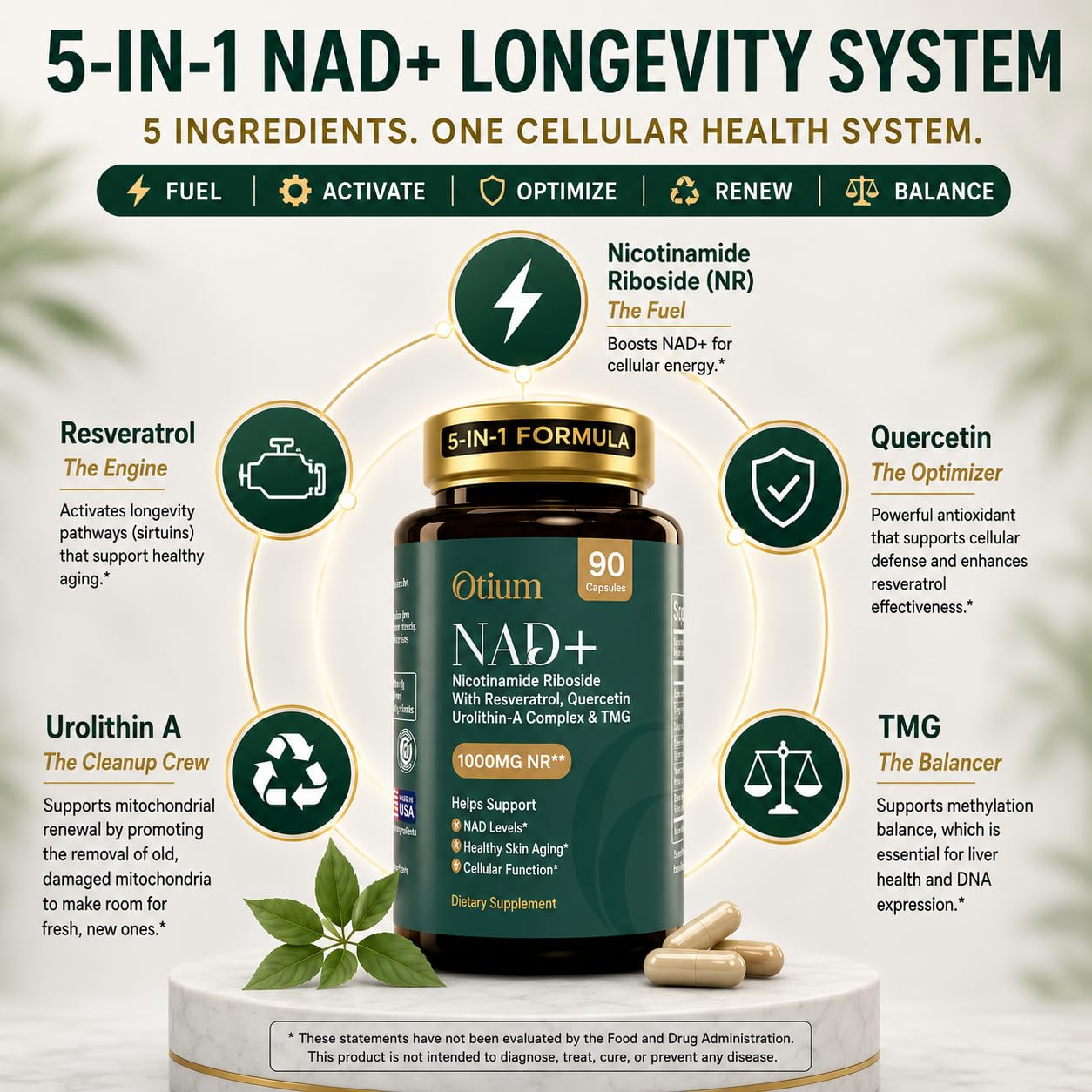 Otium NAD+ Capsule 1000mg Nicotinamide Riboside with TMG, Resveratrol, Quercetin & Urolithin A, NAD Booster for Cellular Energy and Healthy Aging, 90 Capsules