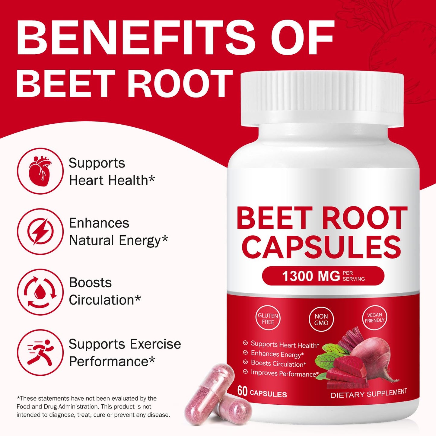 O.SECERT Beet Root Capsules 1300mg Organic Beetroot Powder, Natural Energy & Endurance Support, Non-GMO, 60 Capsules