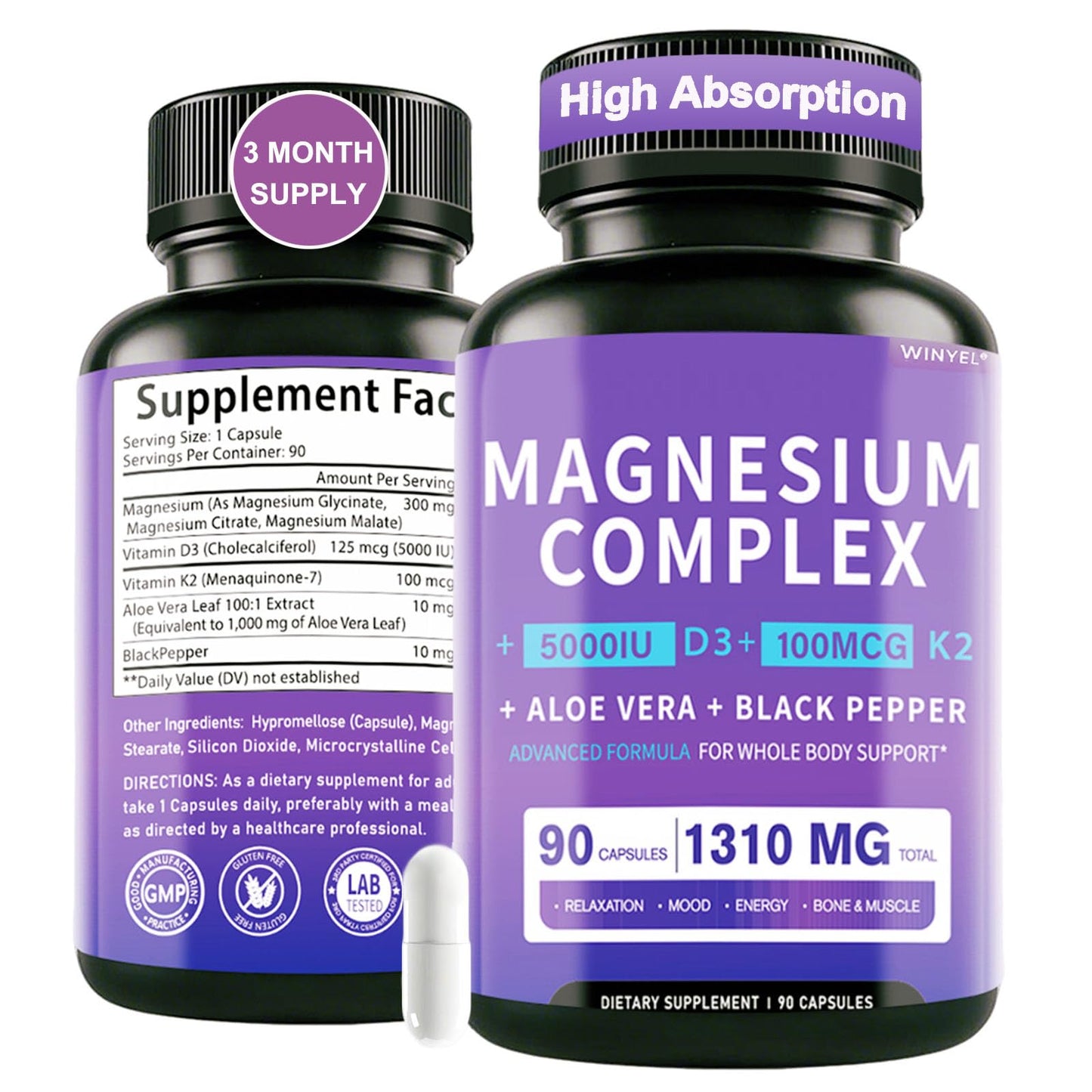 WINYEL Magnesium Complex Supplement 1310mg Capsule, 90 Count