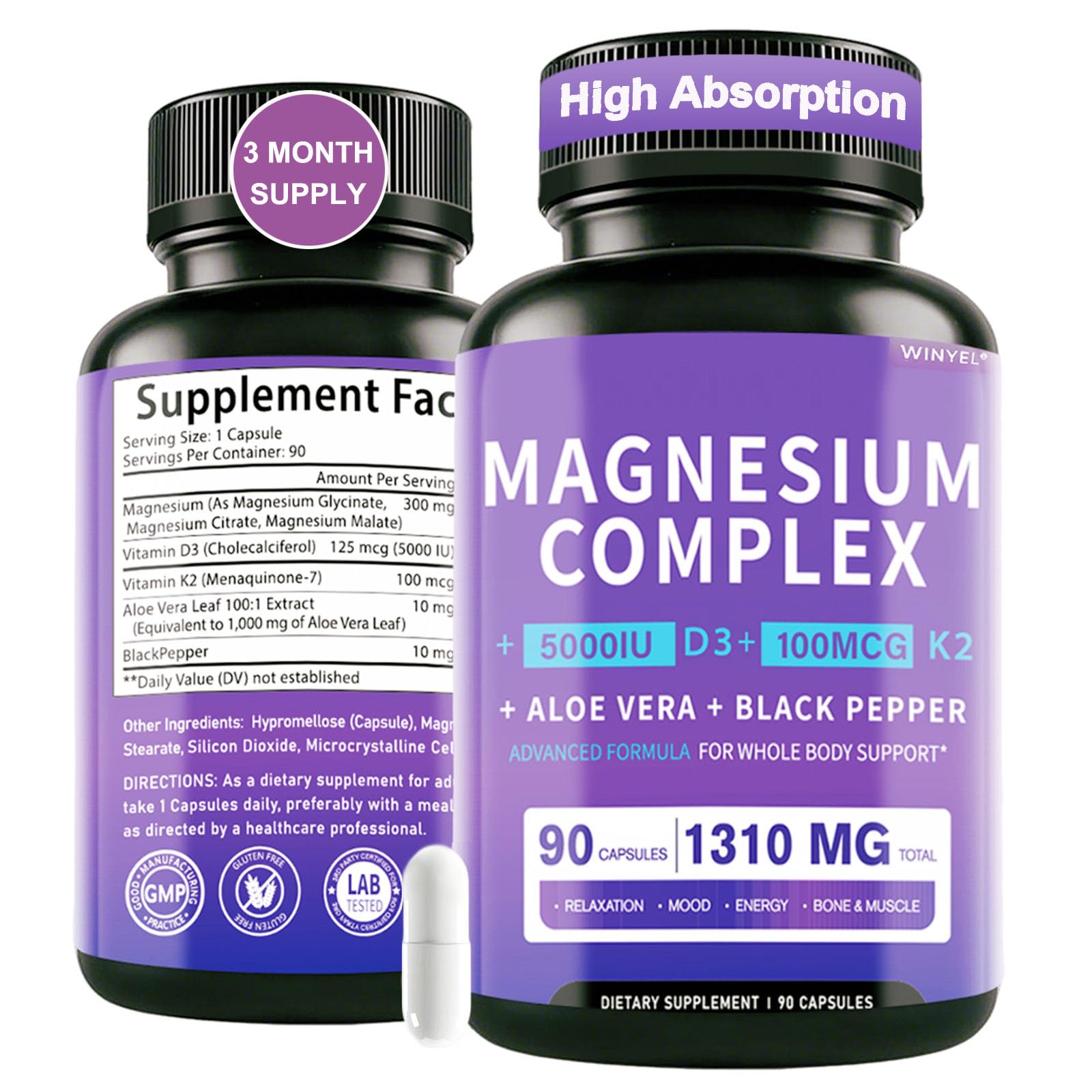 WINYEL Magnesium Complex Supplement 1310mg Capsule, 90 Count