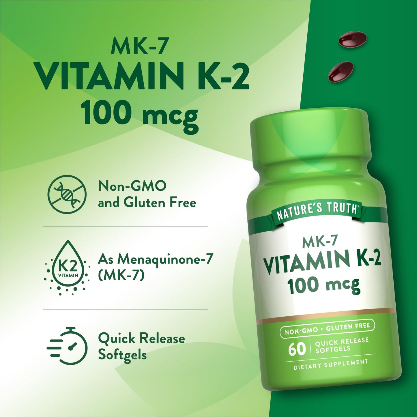 Nature's Truth Vitamin K2 MK-7 100 mcg Softgels, 60 Count