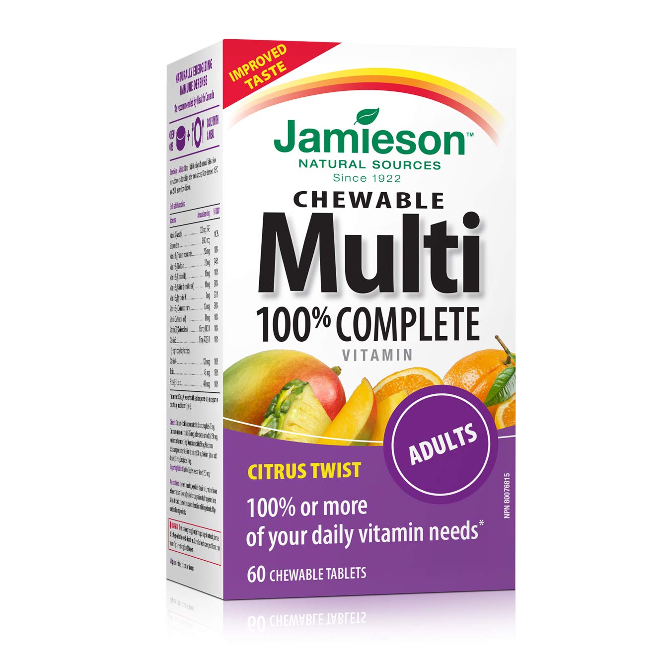 Jamieson Laboratories 100% Complete Chewable Multivitamin for Adults Citrus Twist Multi, 60 Chewable Tablets