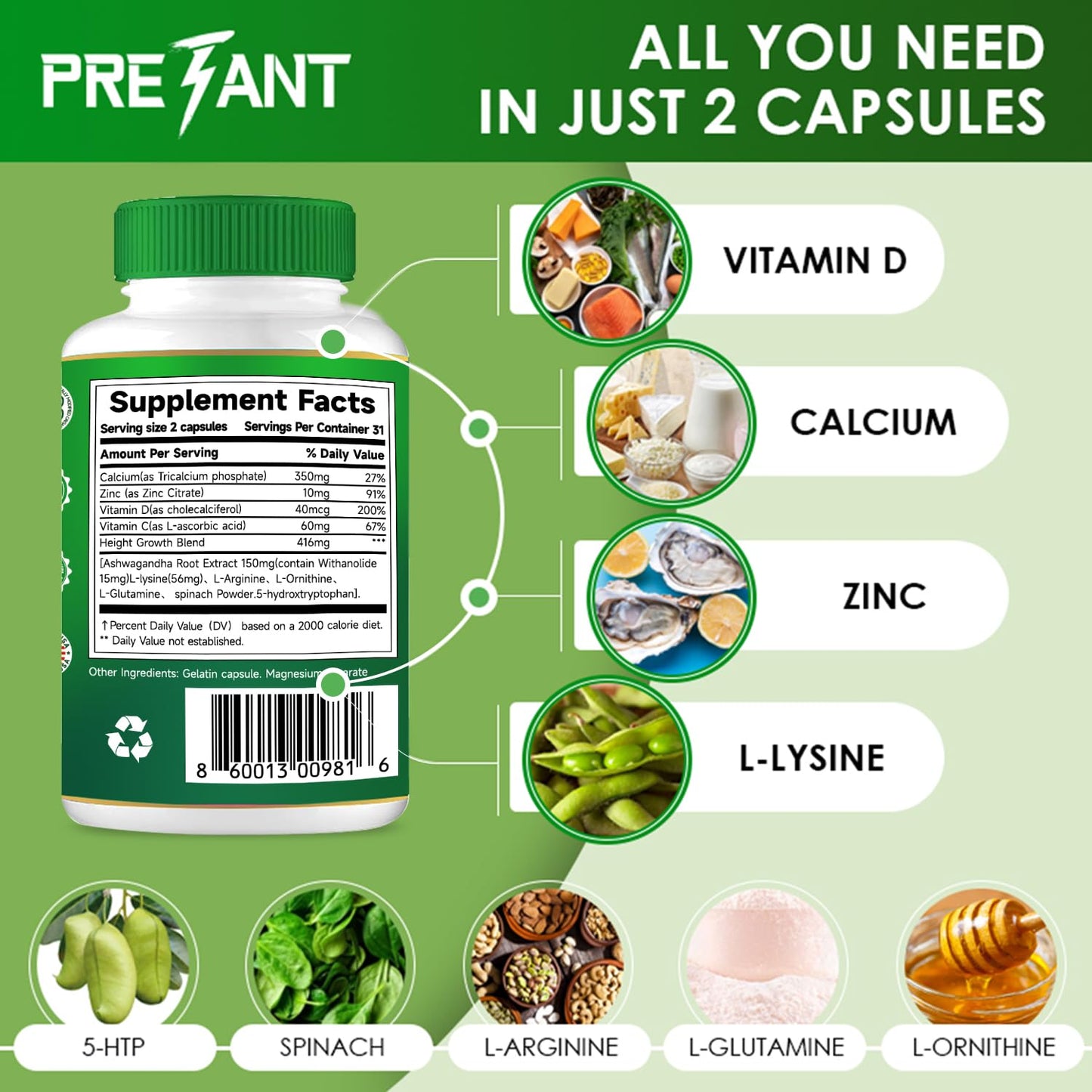 PRETANT Ashwagandha Supplement, Calcium Vitamin & Lysine Extra Strength, Bone and Muscle Health Supplement, 62 Capsules