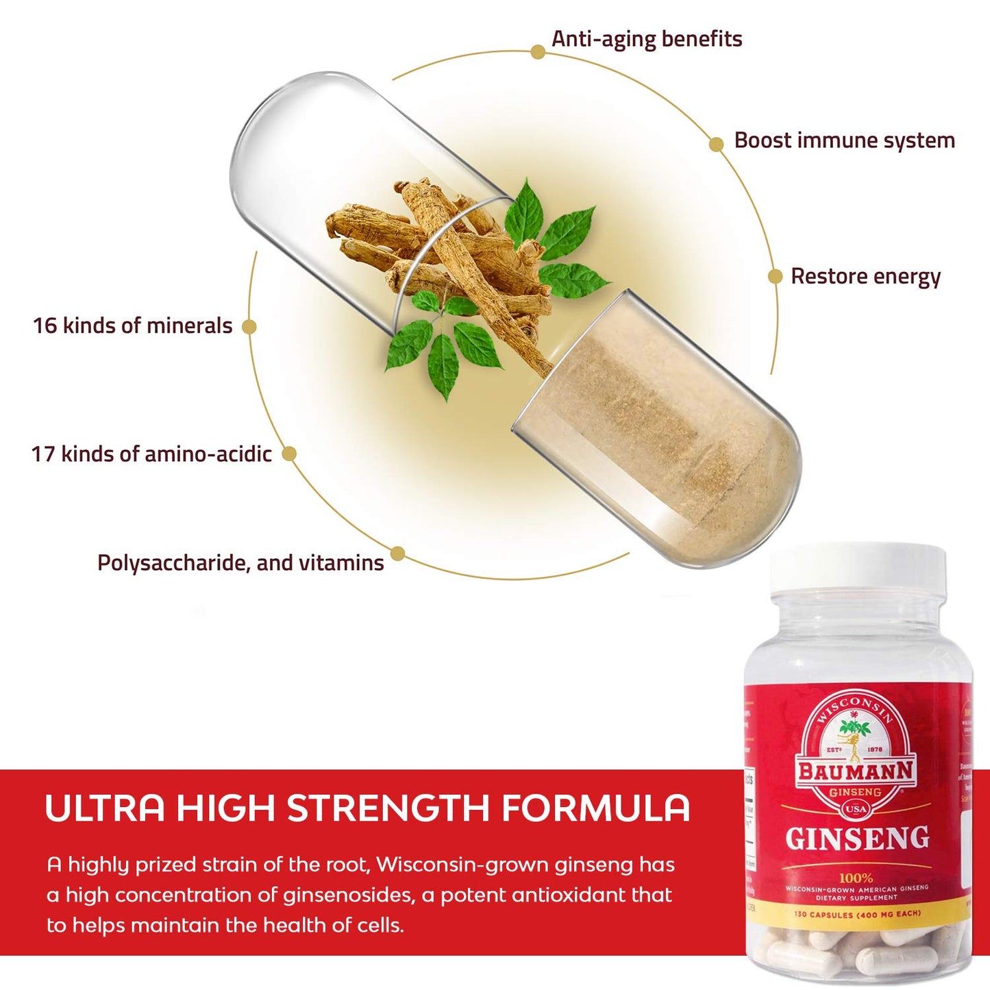 Baumann Ginseng USA Wisconsin Ginseng Capsules, 130 Capsules