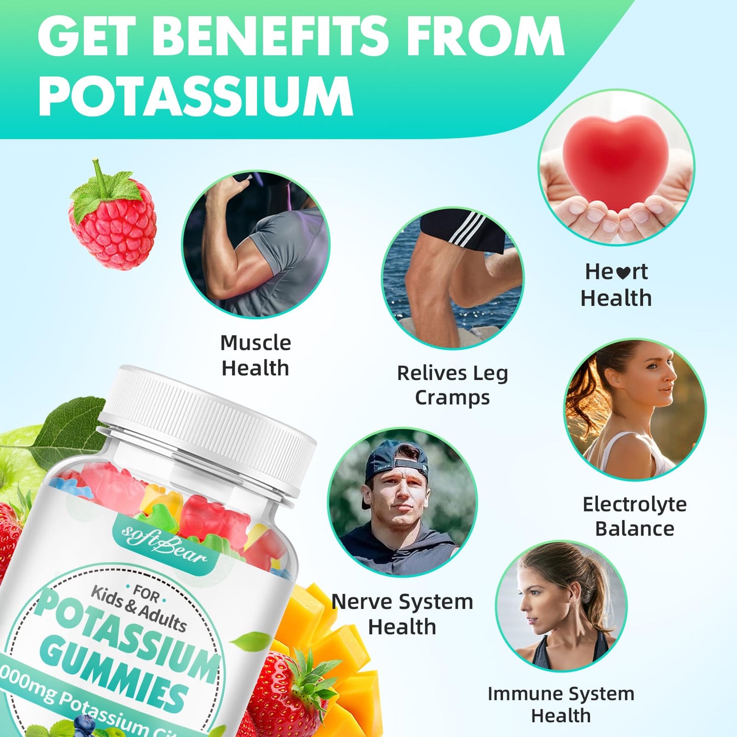 Softbear Potassium Citrate Gummies, 1000mg, High Potency, Supports Leg Cramps & Muscle Health, 60 Count