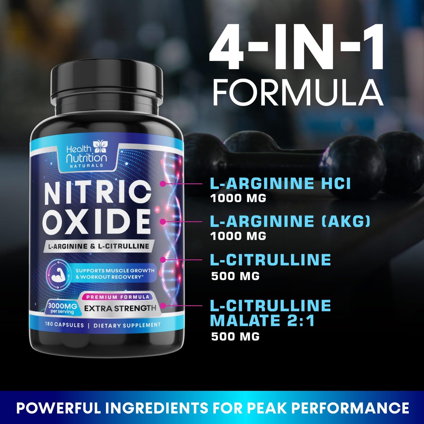 Health Nutrition Naturals Nitric Oxide Booster Extra Strength 3X L-Arginine AKG & Citrulline Malate, 180 Capsules
