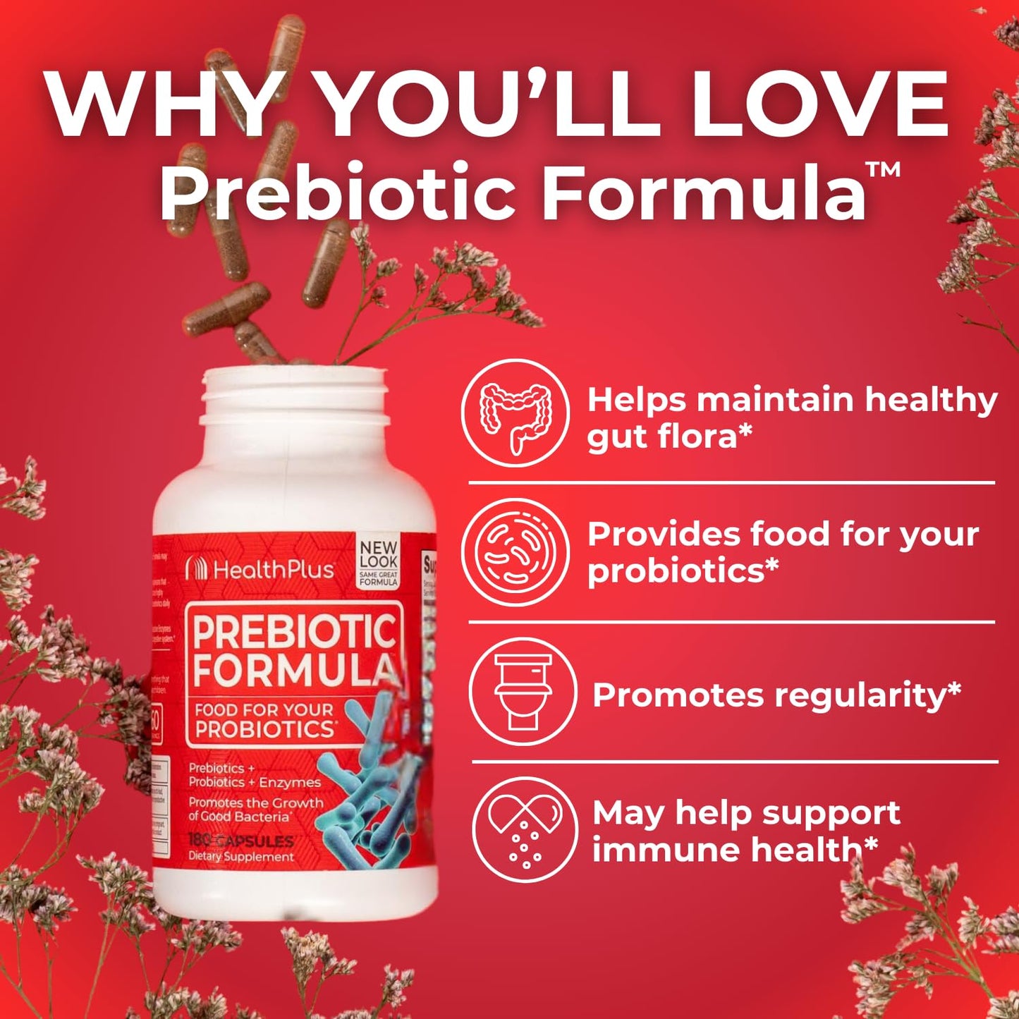 Health Plus Prebiotic Formula Probiotics + Prebiotics + Digestive Enzymes Capsules 180 Count
