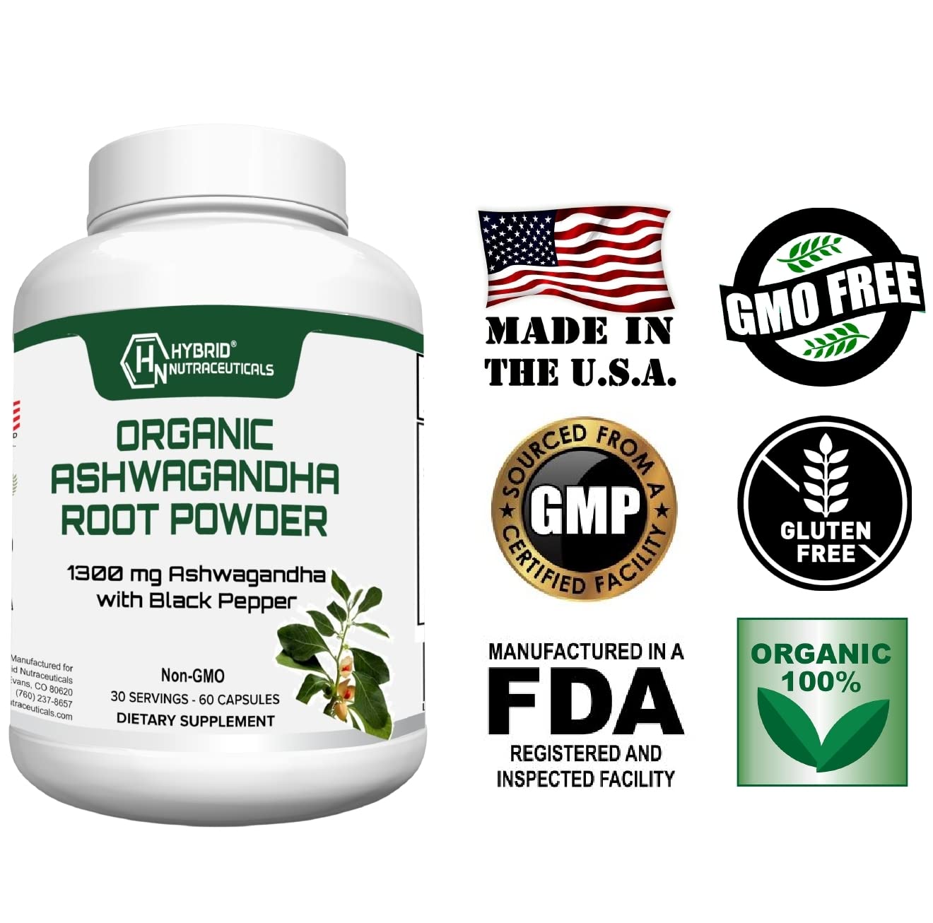Hybrid Nutraceuticals Organic Ashwagandha Root Powder Capsules 1300mg with Black Pepper Extract, 60 Capsules