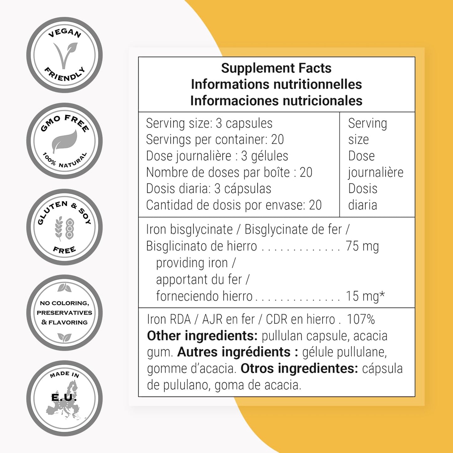 Supersmart Iron Bisglycinate Supplement 75mg per Day (Highly Absorbable) Gentle Iron, 60 Capsules