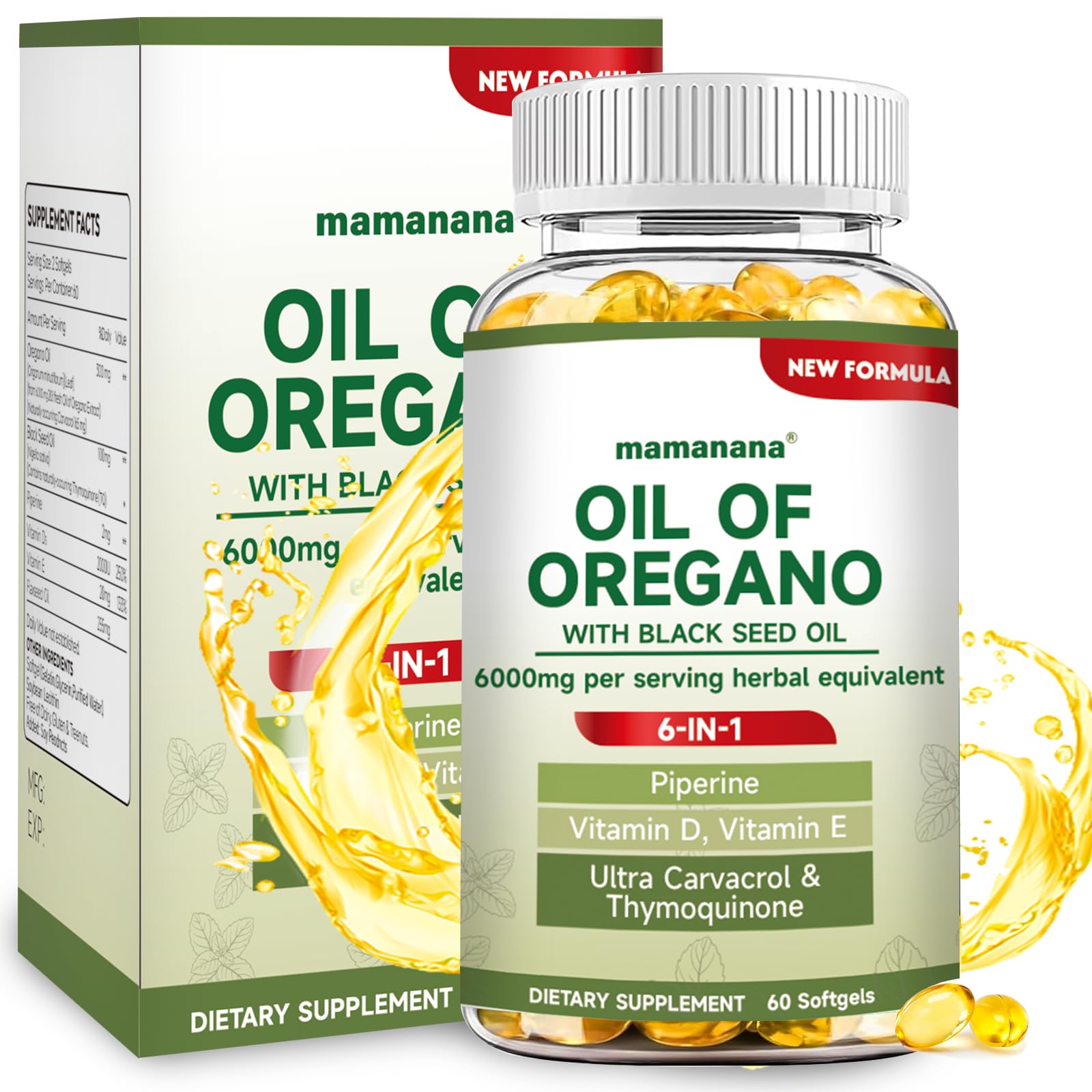 mamanana Oil of Oregano with Black Seed Oil Capsules, 60 Count