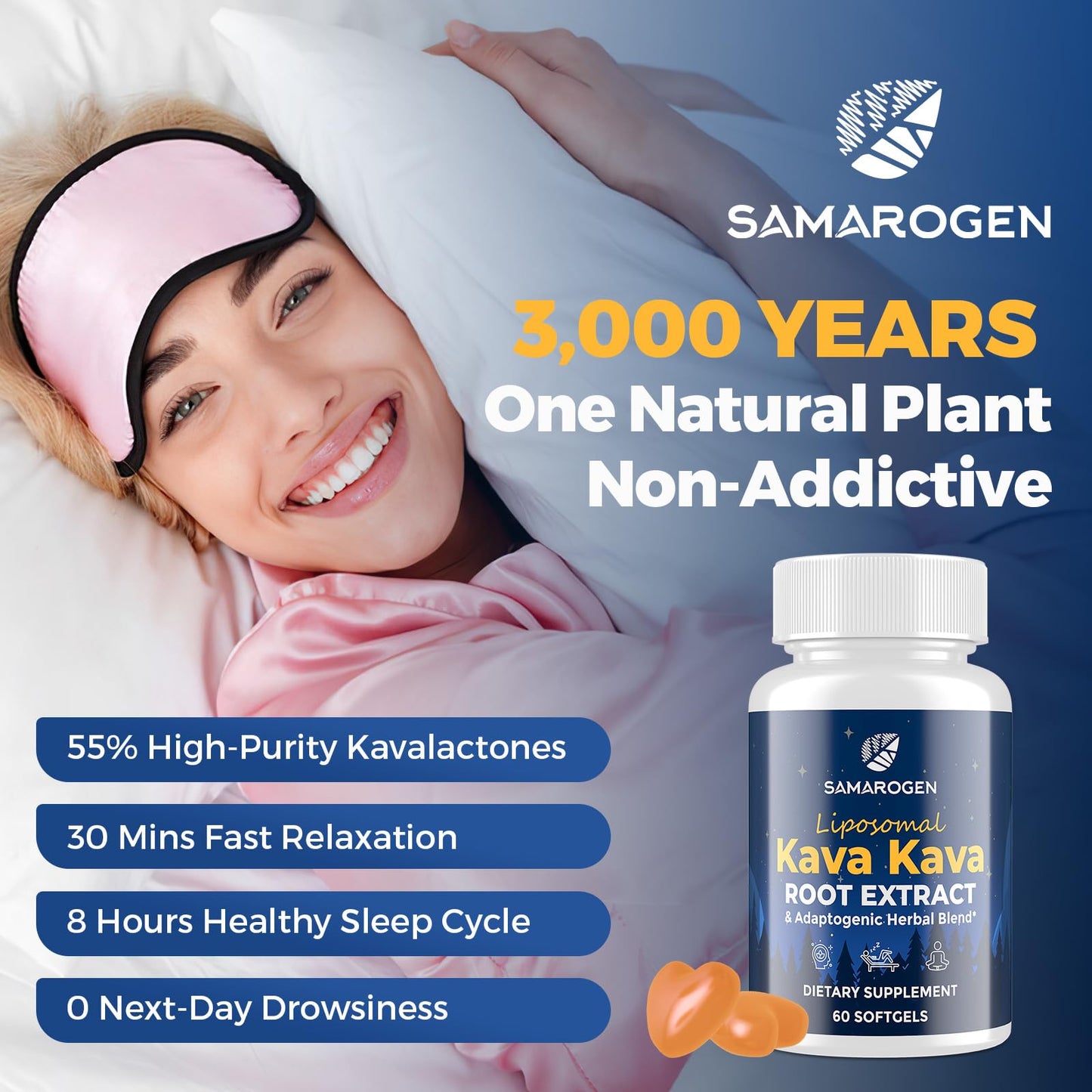 Samarogen Kava Kava Liposomal 55% Kavalactones Softgels with Ashwagandha, Chamomile, Lemon Balm & Passionflower, 120 Count