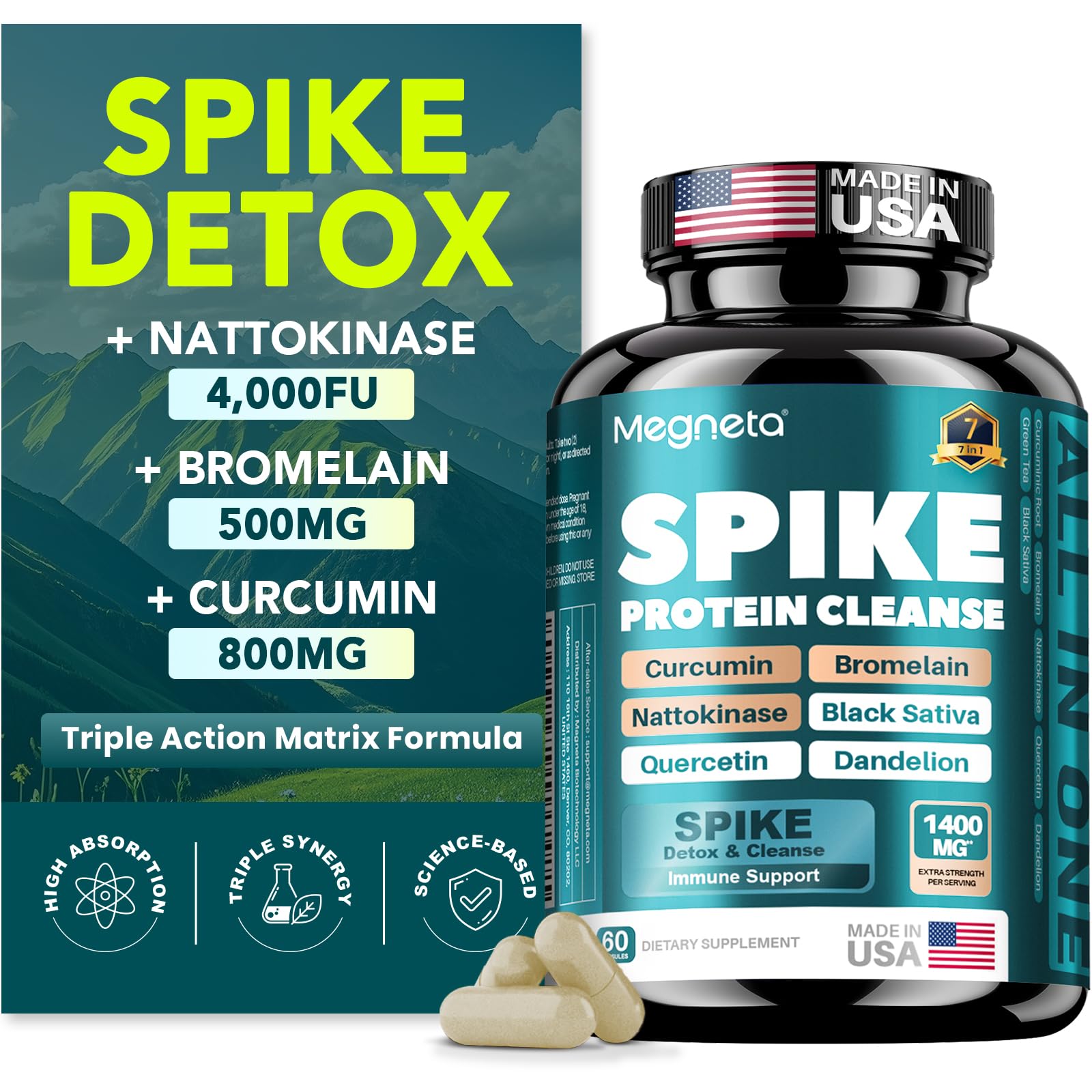 MEGNETA Nattokinase Supplement 4,000 FU, Bromelain & Turmeric, 60 Capsules