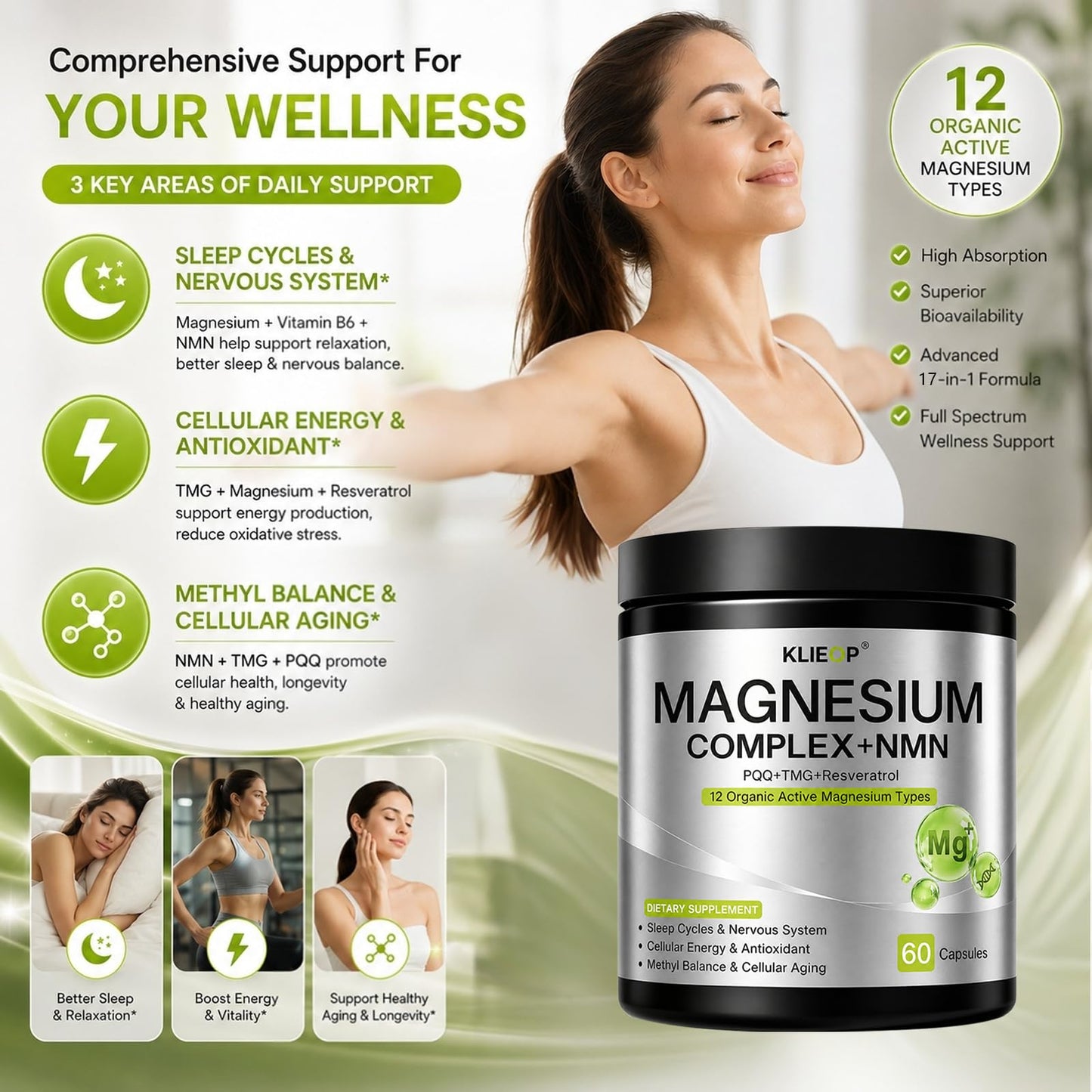 Klieop Magnesium Complex Supplement for Women and Men 17-in-1 with NMN, TMG, Resveratrol, PQQ & Vitamin B6, Sleep & Relaxation, Nervous System, NAD+ Level & Cellular Energy Support, Capsules, 60 Count