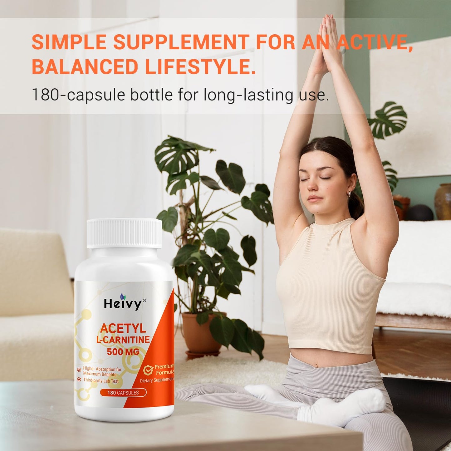 Heivy Pure Acetyl L-Carnitine 500mg Capsules, 180 Count