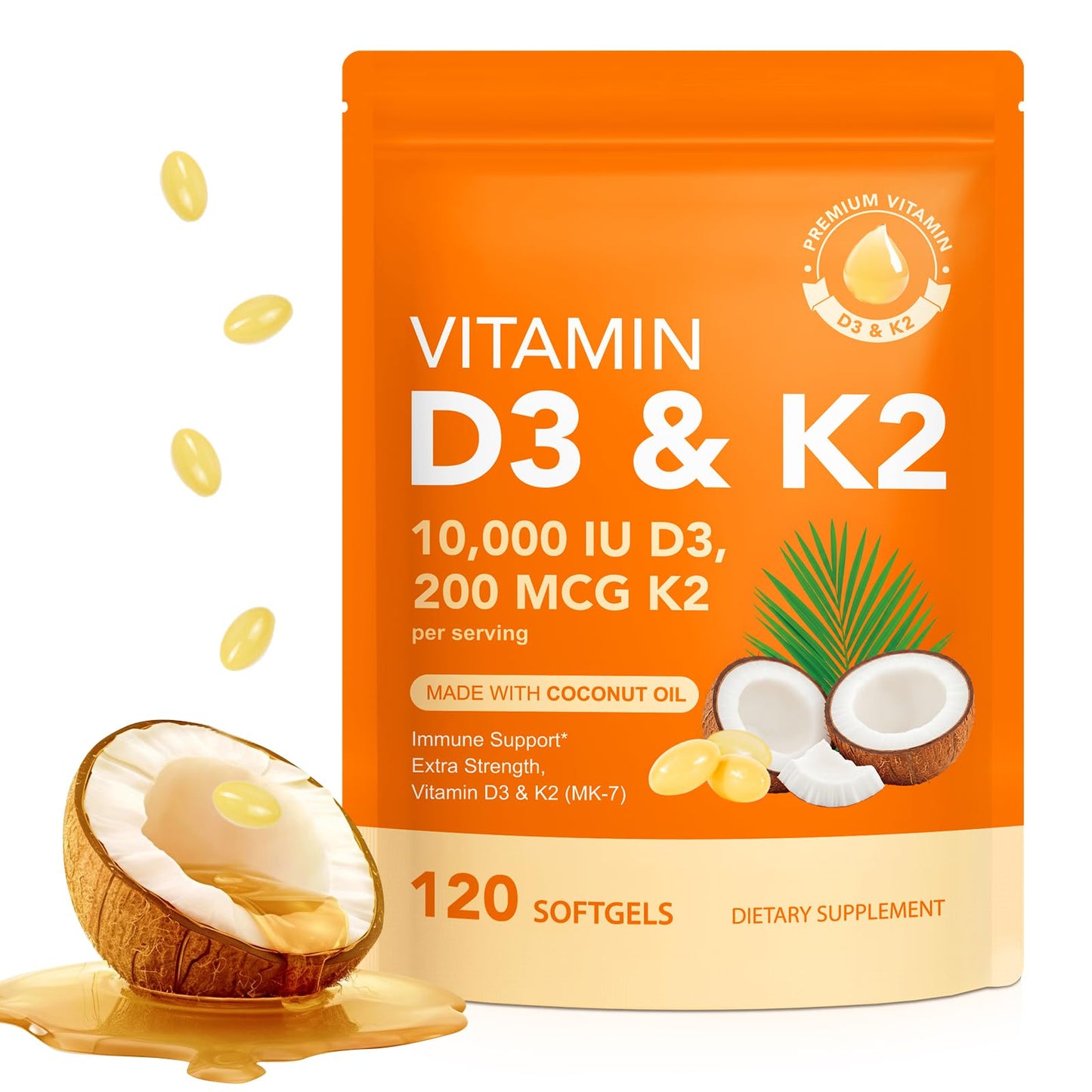 Liefiet Vitamin D3 K2 Capsules with Virgin Coconut Oil, 120 Softgels