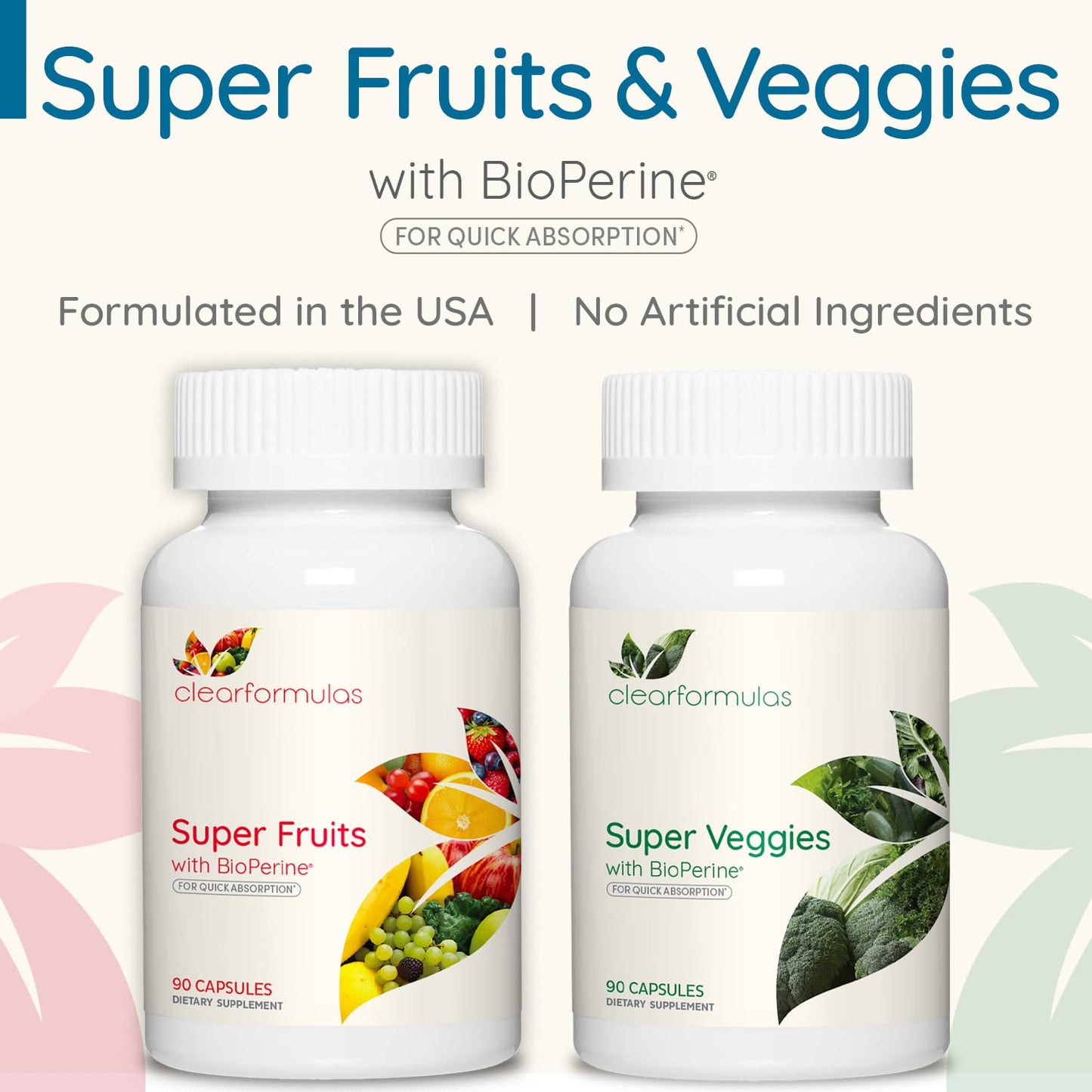Clear Formulas Daily Fruit and Veggies Supplement for Adults - Super Fruits and Vegetables Supplement with 37 Different Super Foods for Overall Health Wellness and Immune Support - Non-GMO and Vegan Capsules 90