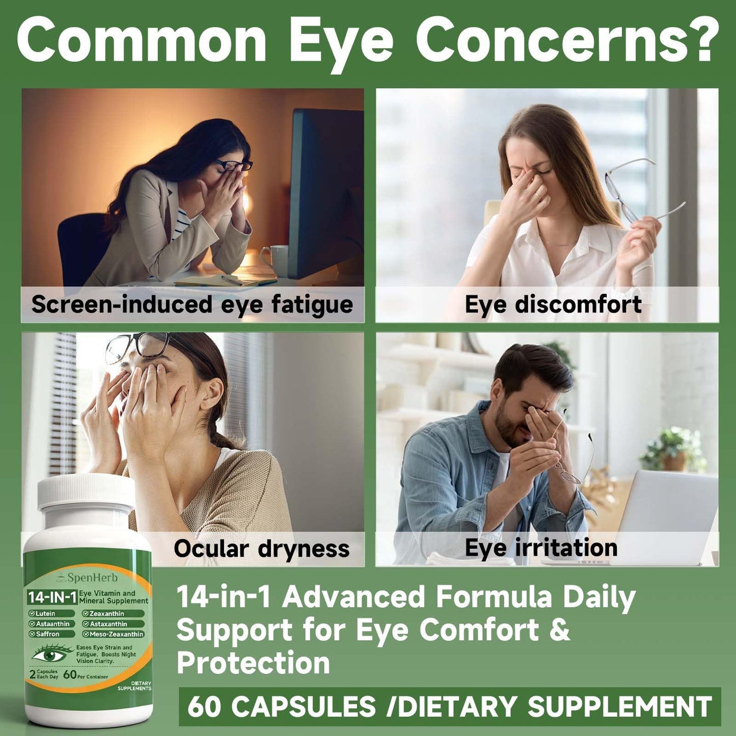 SpenHerb Eye Vitamin and Mineral Supplement 14 in 1 Advanced Eye Formula Vision Support with Lutein and Zeaxanthin Vitamin C E Zinc Copper, Eye Health Supplements for Adults, Capsules, 60 Count