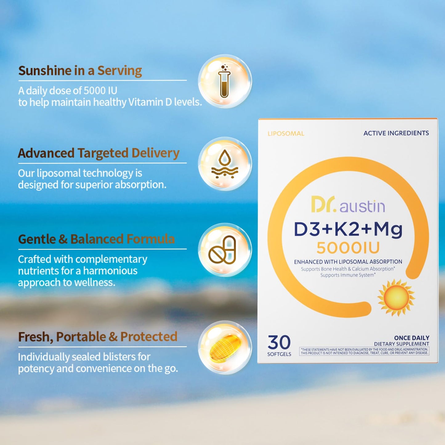 DR.AUSTIN Liposomal Vitamin D3 5000IU with K2 & Magnesium, 30 Capsules