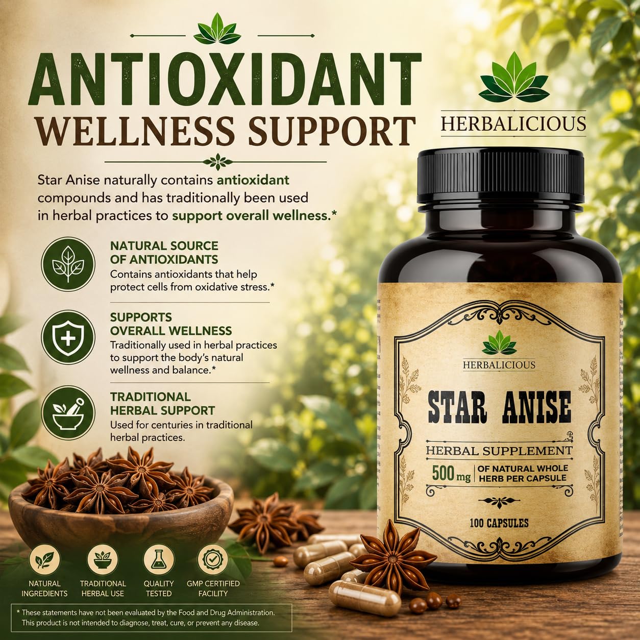 HERBALICIOUS Star Anise Supplement Organic (Illicium verum) 1000mg Capsules, 100 Count