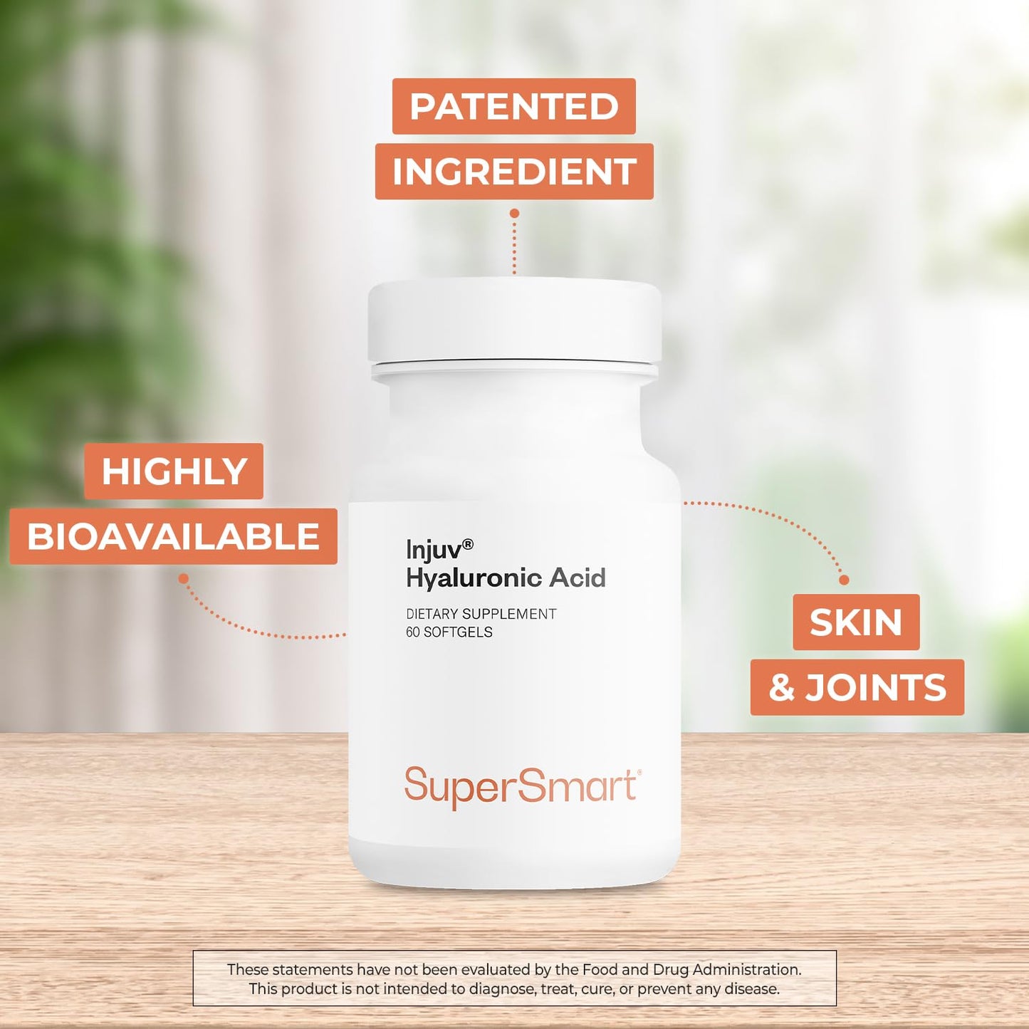 Supersmart Injuv Hyaluronic Acid 280mg per Day (Highly Bioavailable) - Patented Hyaluronic Acid HA Supplement - Skin & Joints, Gluten Free, 60 Capsules