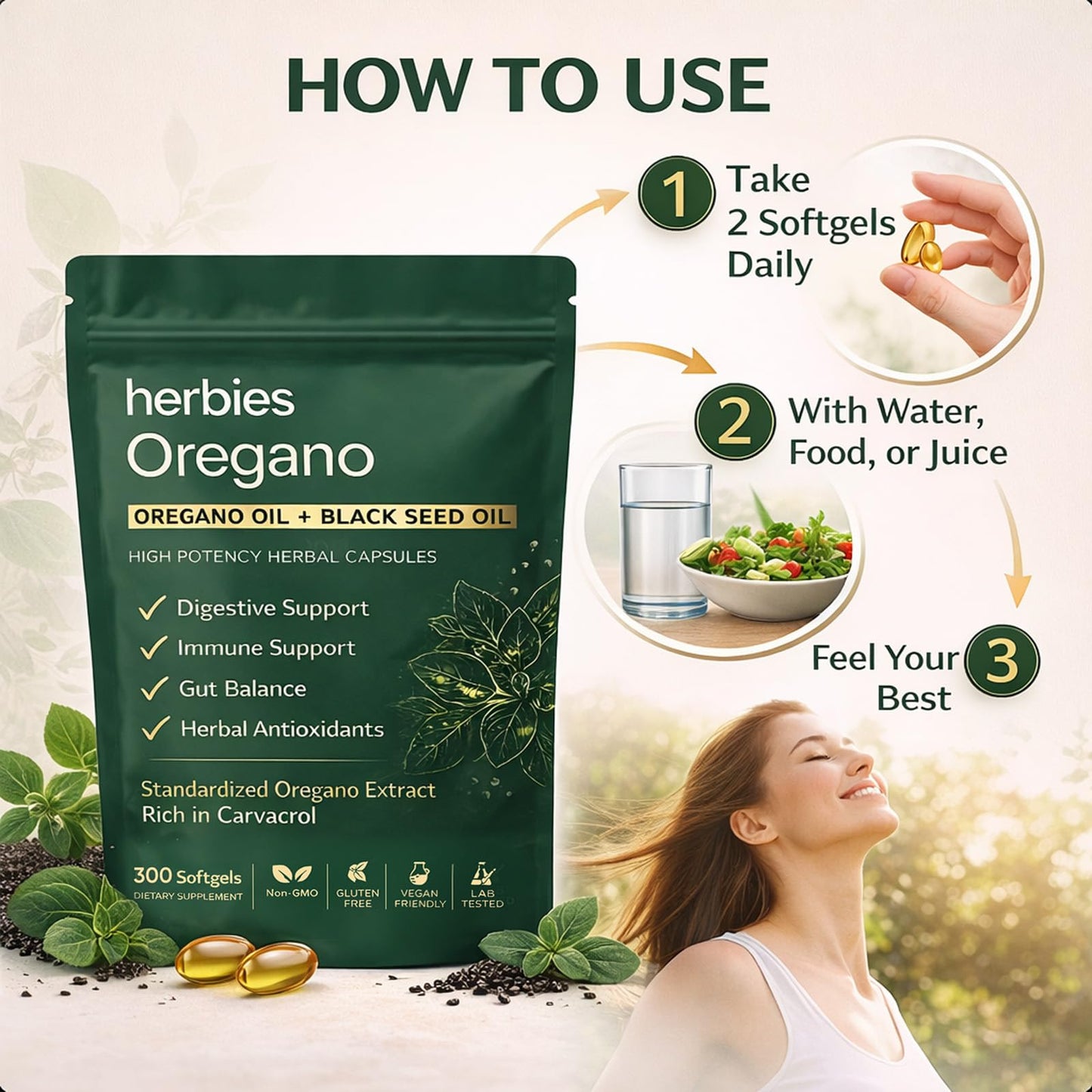 HERBIES OREGANO Organics Oregano and Black Seed Oil Capsules Softgels 300