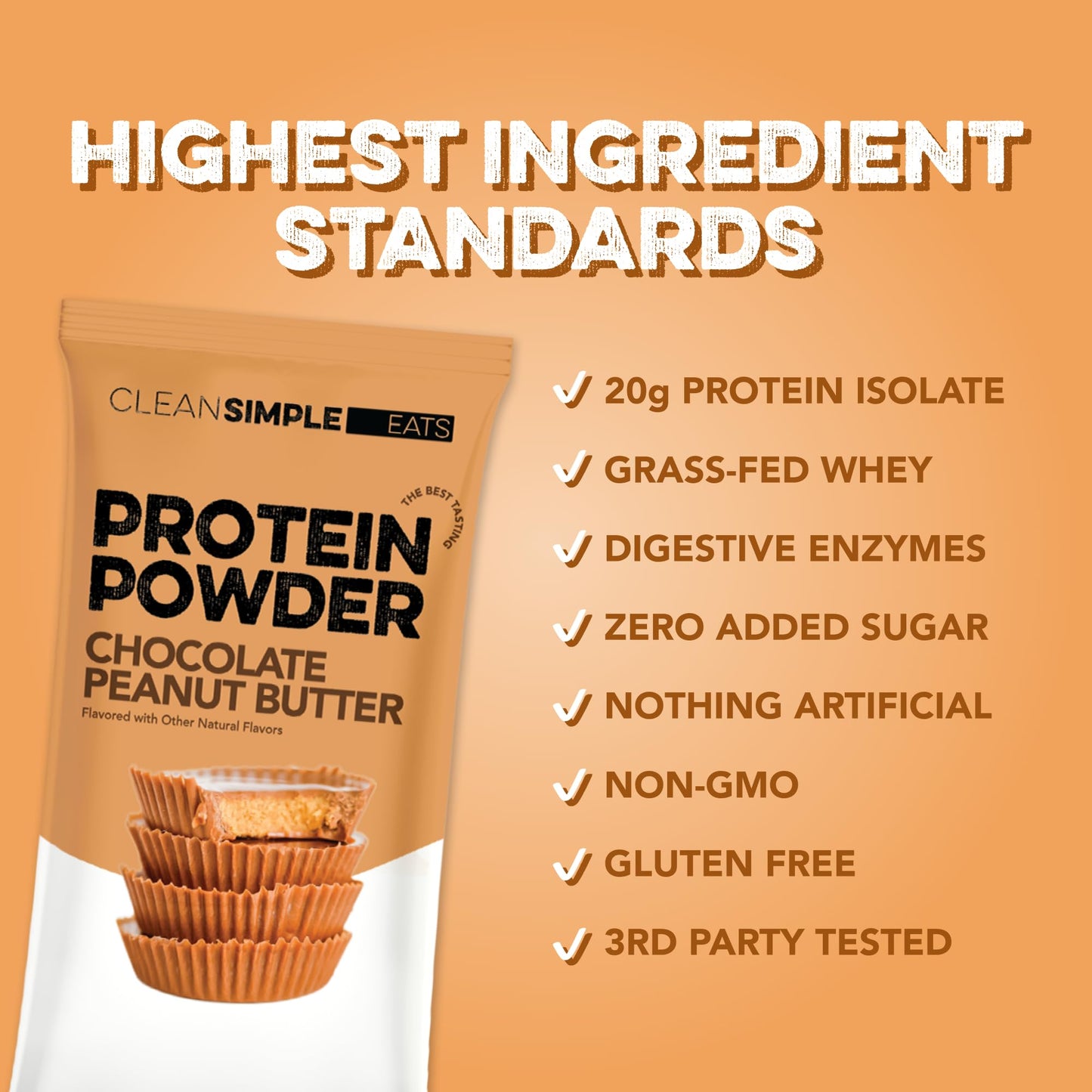 Clean Simple Eats Whey Isolate Protein Powder, Chocolate Peanut Butter, Naturally Sweetened, 20g Protein, Grass-Fed, Digestive Enzymes, Gluten Free, Non-GMO, 12 Servings