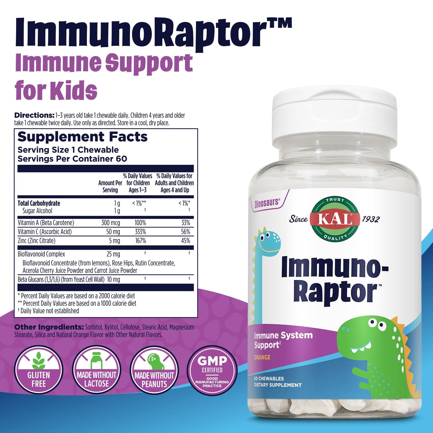 KAL ImmunoRaptor Kids Immune Support Chewables, 60 Count