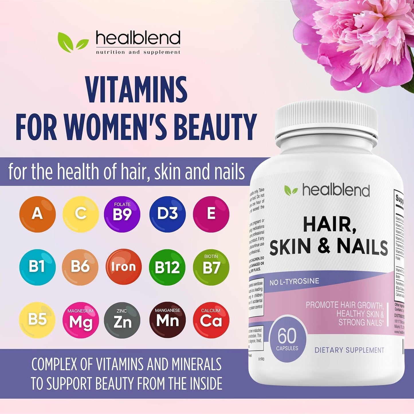 healblend Hair Skin and Nails Vitamins for Women with Biotin 5000 mcg, Iron and Manganese, Vegan, Non-GMO, 60 Capsules