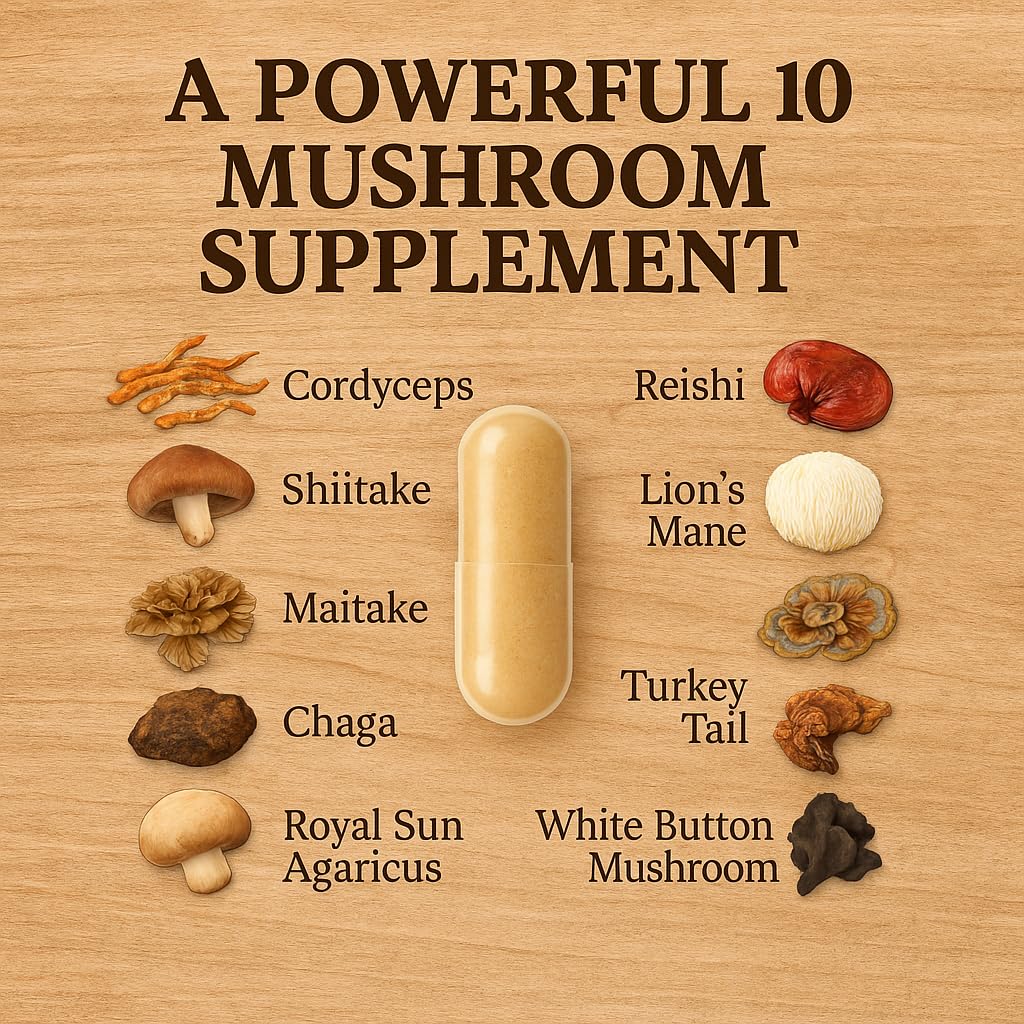 Me First Living Mushroom Complex 10 in 1 with Lions Mane, Cordyceps, Turkey Tail, Reishi, Maitake, Chaga Capsules 60 Count