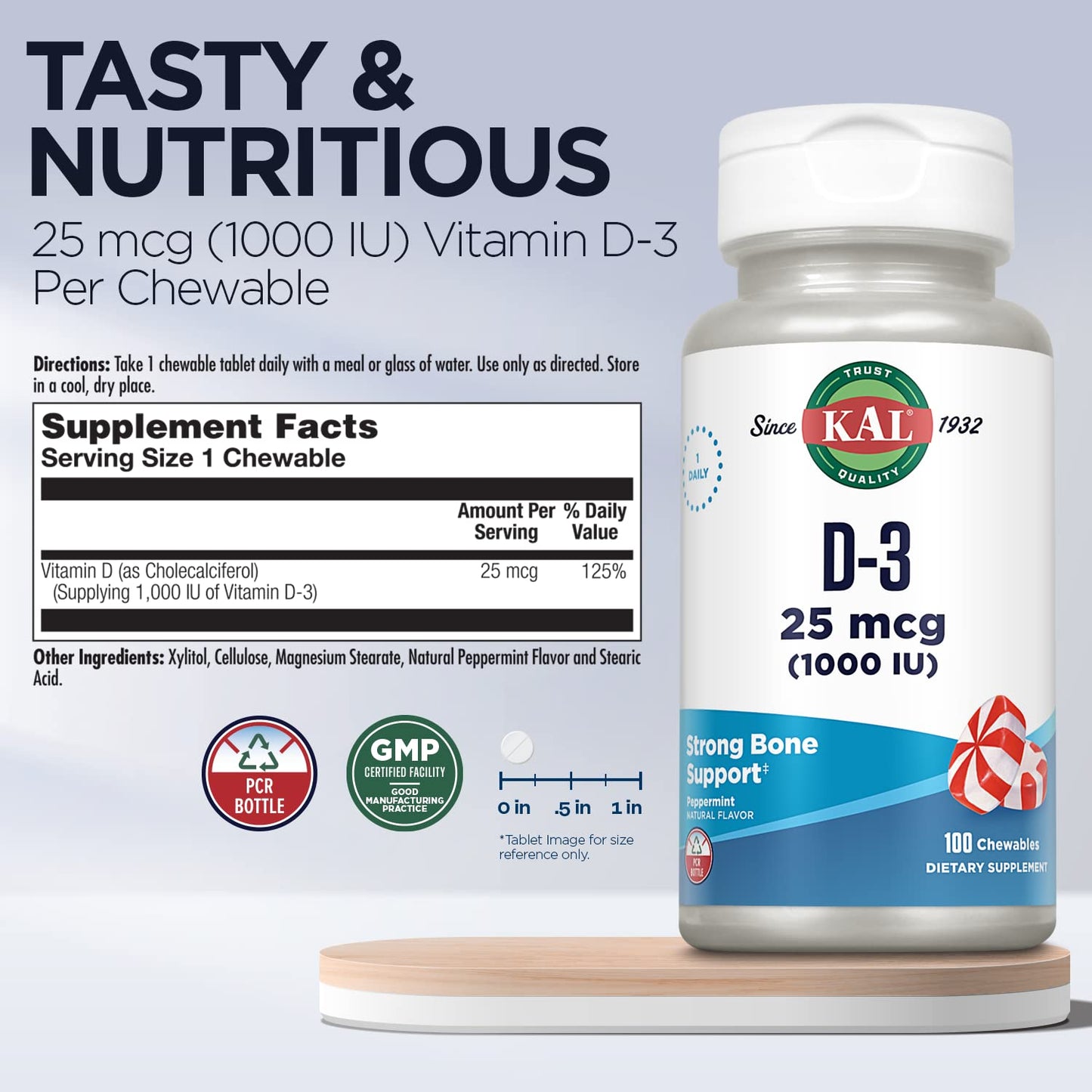 KAL Vitamin D3 1000 IU (25 mcg) Chewables, 100 Chews
