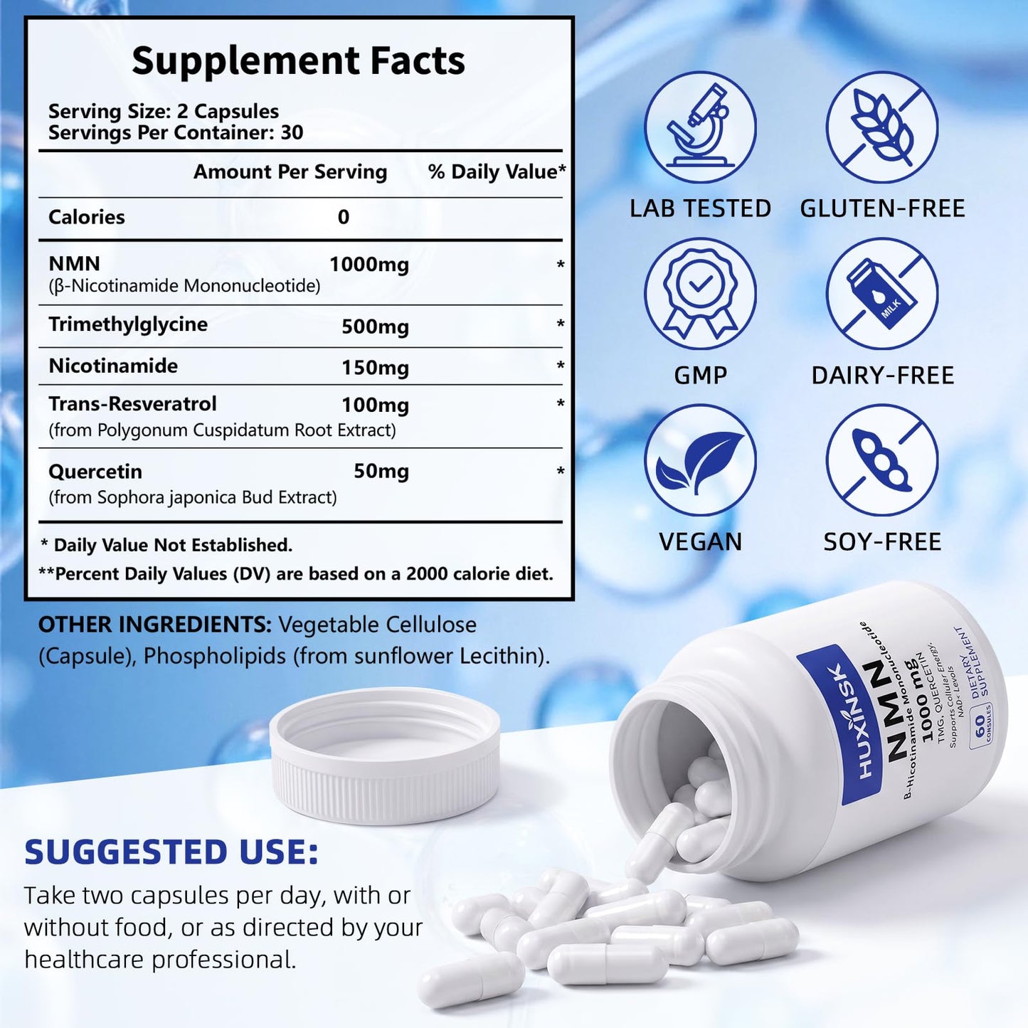 HUXINSK NMN Supplement 1000mg 4-in-1 Liposomal NMN for NAD+ Supplement Capsules 60 Capsules