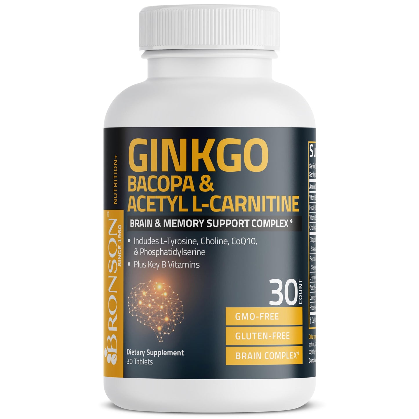 Bronson Ginkgo, Bacopa & Acetyl L-Carnitine Brain & Memory Support Complex with L-Tyrosine, Choline, CoQ10 & Phosphatidylserine Plus Key B Vitamins Non-GMO, 30 Tablets