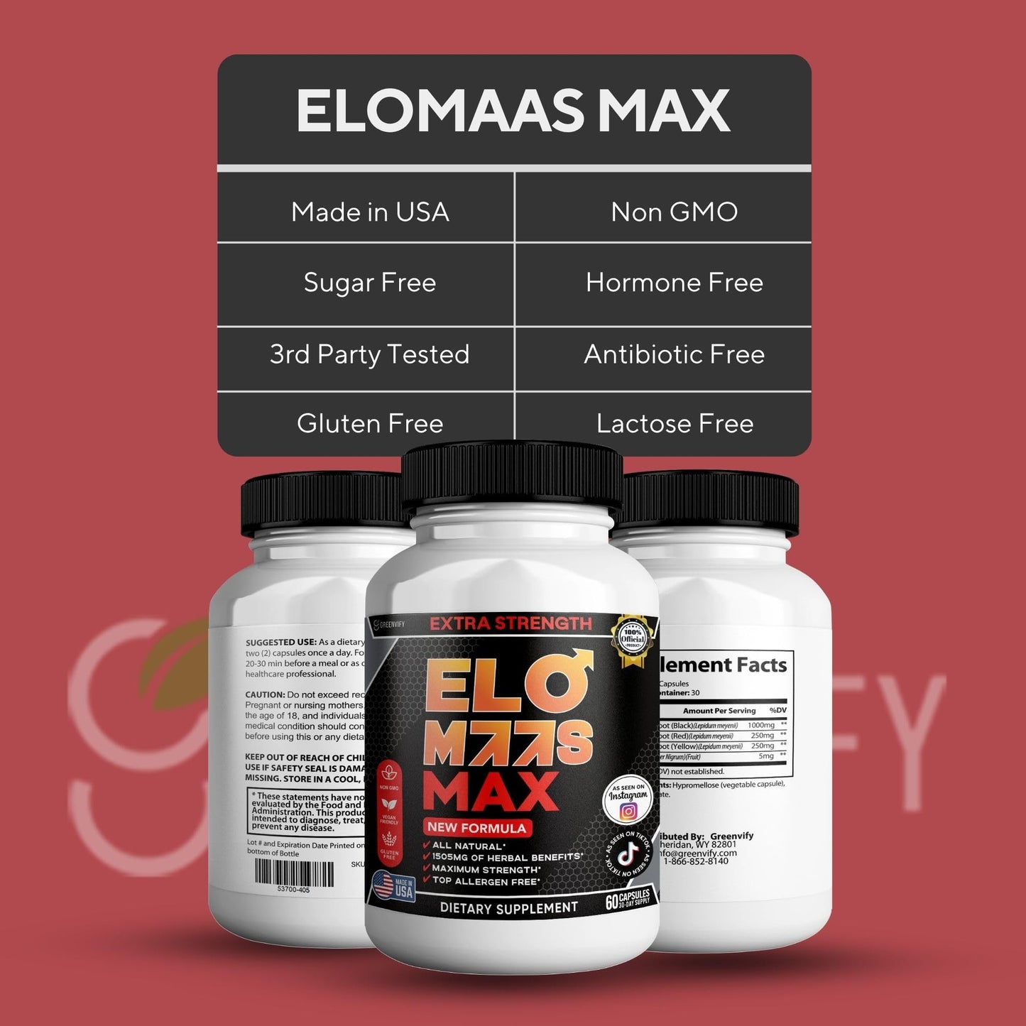GREENVIFY ELO MAAS MAX Dietary Supplement, Herbal Blend, Organic Maca Root, 60 Capsules