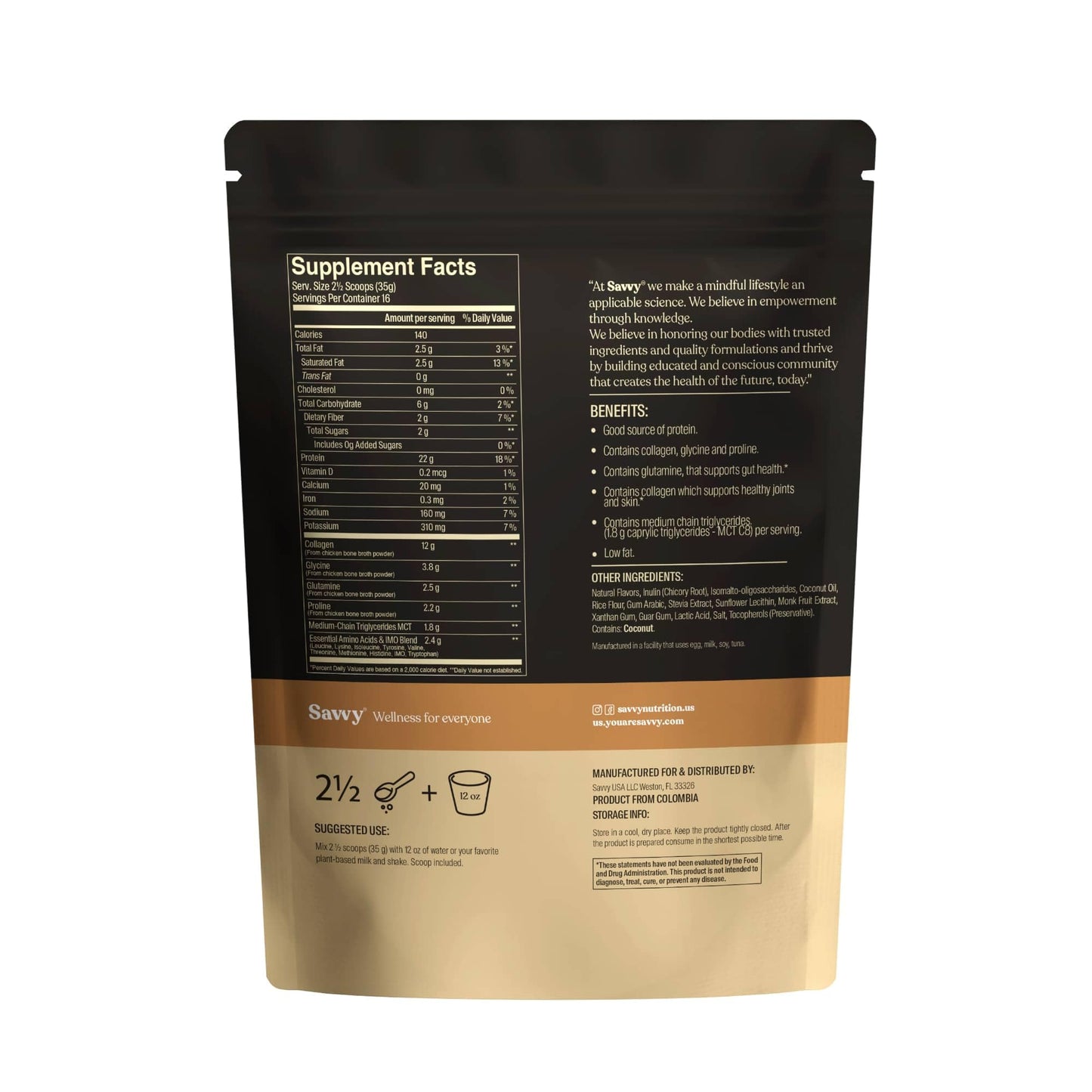 SAVVY Bone Broth Power Vanilla Protein Powder 1.23 Pound Pack of 1