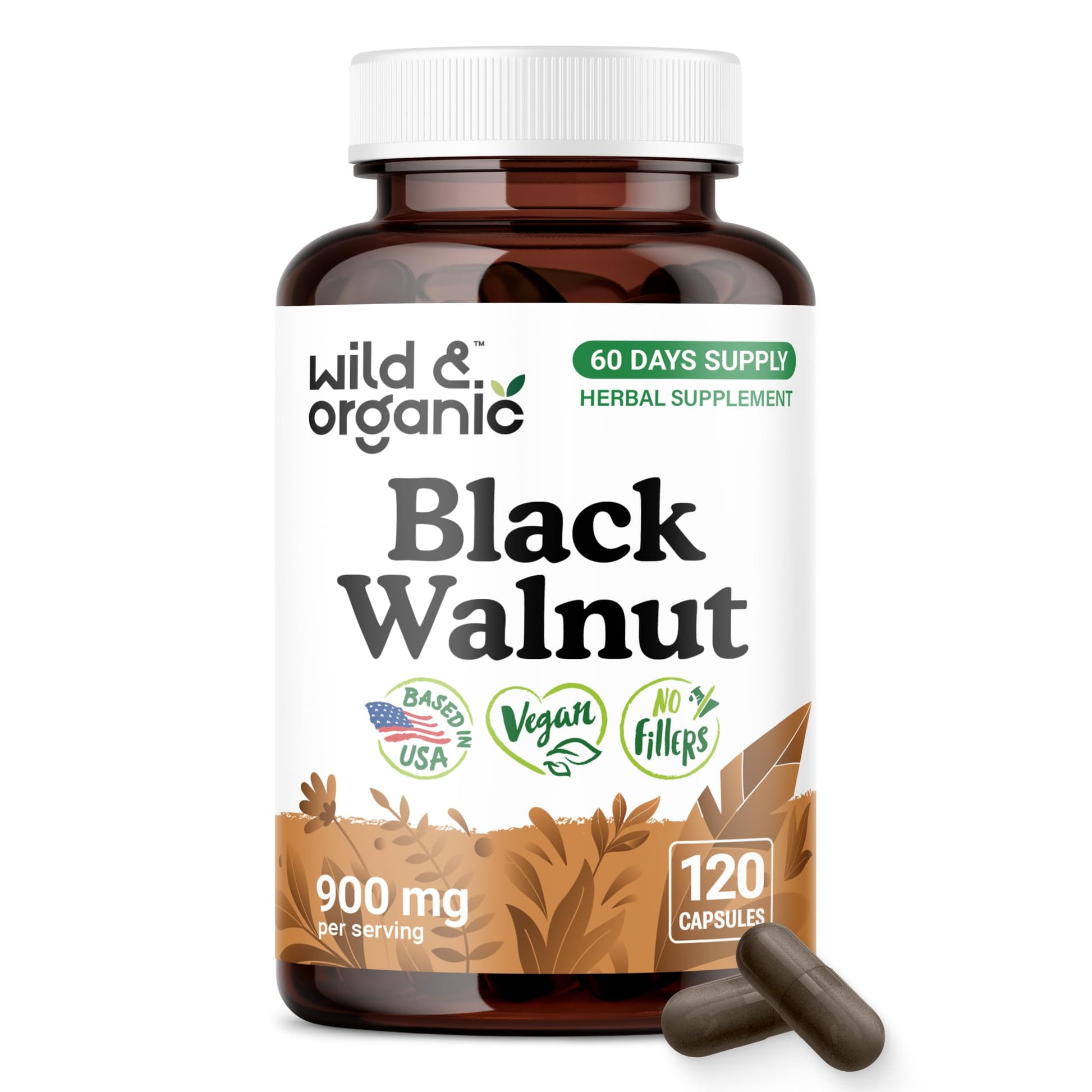 Wild & Organic Black Walnut Hull 900 mg Capsules 120 Count