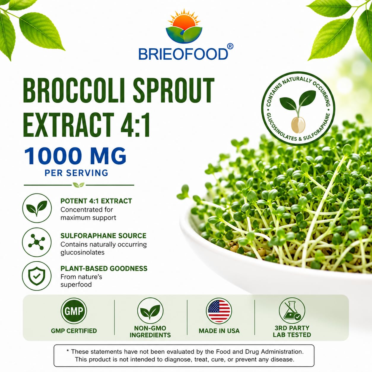 Brieofood Broccoli Sprout Extract 4:1 1000 mg Per Serving 240 Capsules