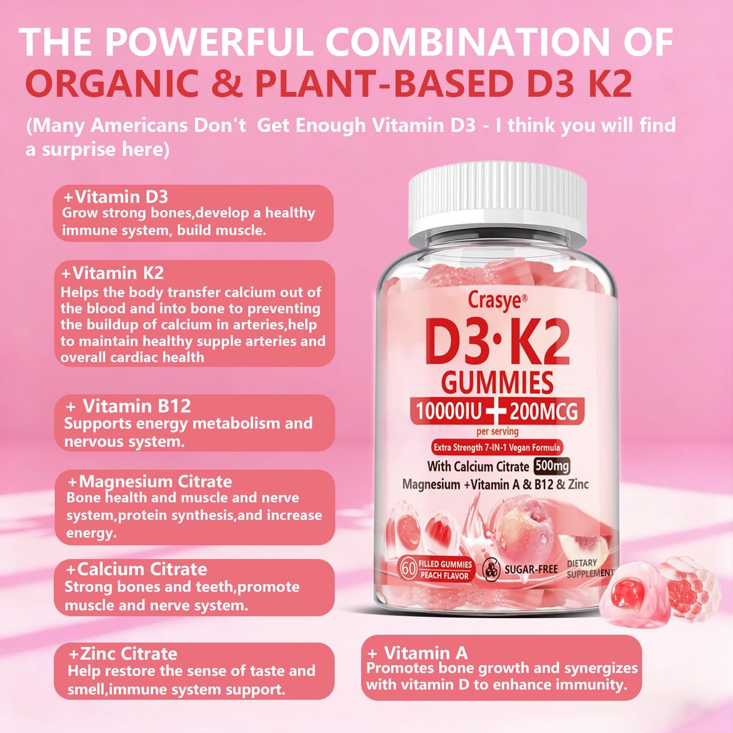 Crasye Vitamin D3 K2 Gummies 10000 IU with 500mg Calcium Magnesium Zinc, Peach Flavor, 60 Gummies