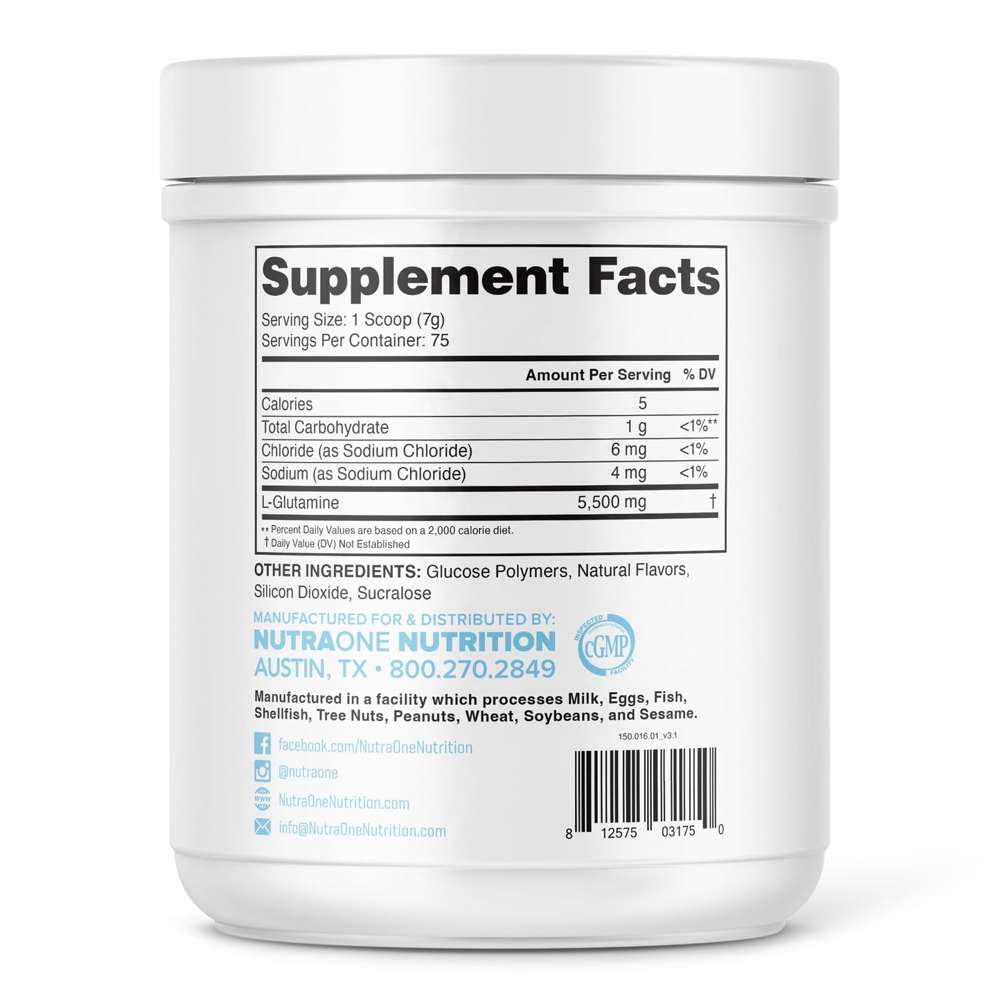 NutraOne GlutaOne L-Glutamine Powder, 75 Servings