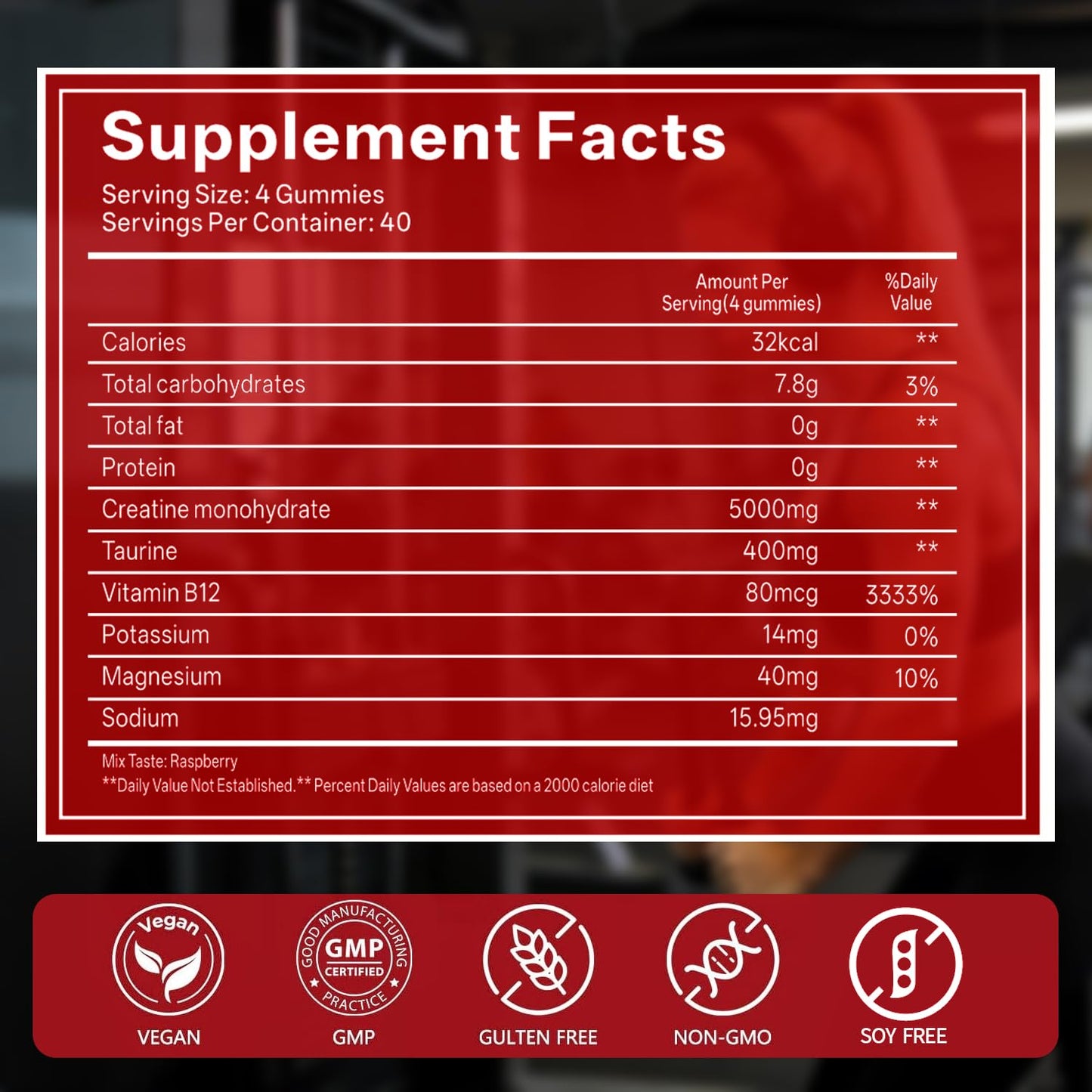 GABE SUNNYBEARS Creatine Monohydrate Gummies 5000mg for Men & Women, with Taurine & B12, Muscle Growth & Energy Support, Raspberry, 120 Gummies