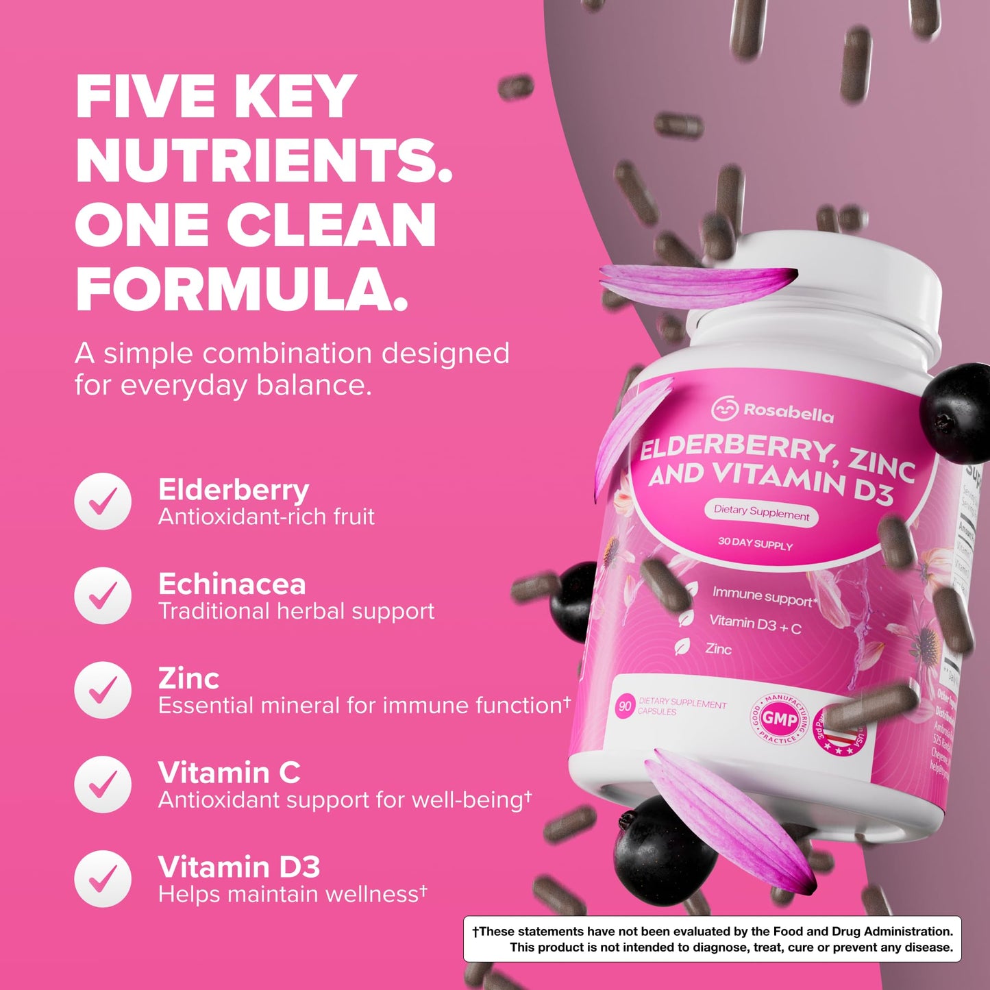 Rosabella Elderberry, Zinc & Vitamin D3 Capsules 90 Count