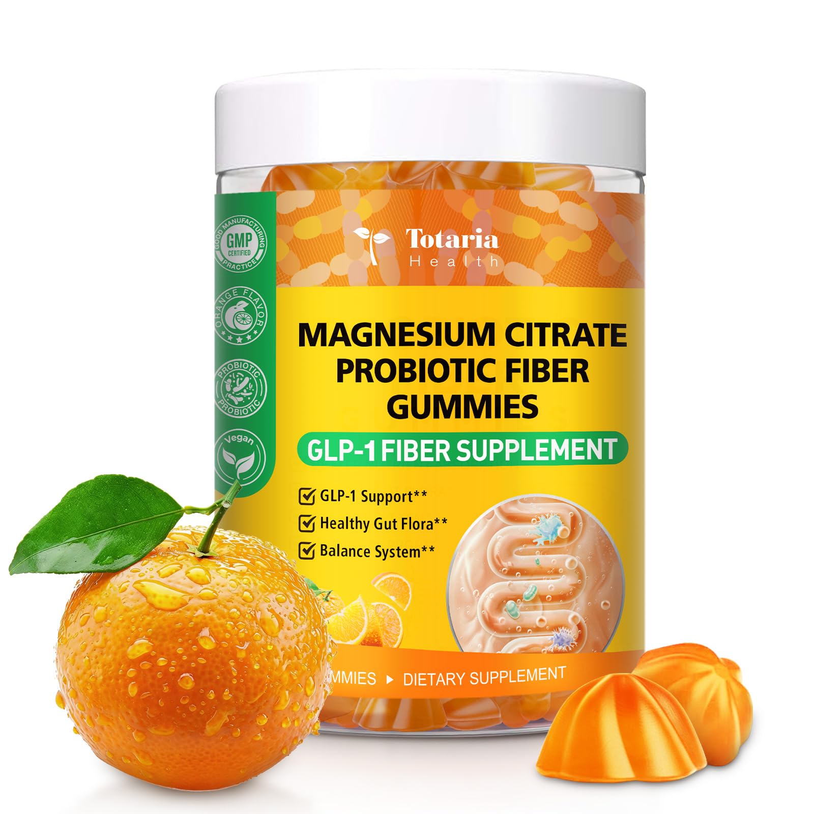 Totaria 15-in-1 Magnesium Citrate Fiber Gummies with Probiotic Prebiotic for Digestion, Apple Cider Vinegar 500mg, Acacia, B6, B12, 60 Gummies