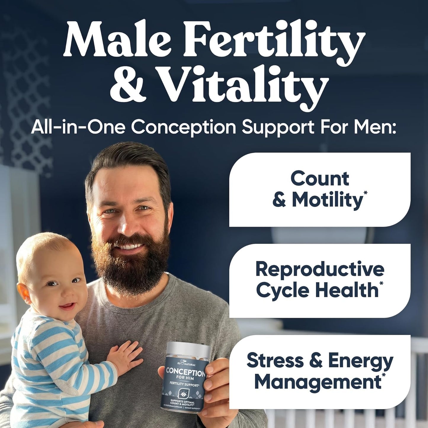 Eu Natural Conception for Him - Male Fertility Supplements with Ashwagandha, Folate & Zinc, Sperm Count, Motility & Strength Support, 120 Vegetarian Capsules