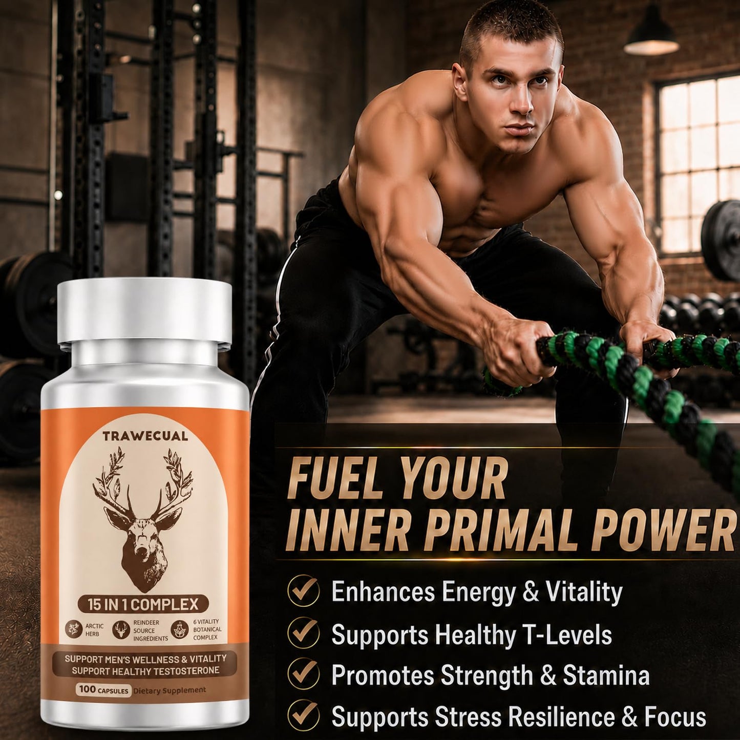 Trawecual 15-in-1 Reindeer Organ Supplement with Arctic Herb for Men 100 Capsules